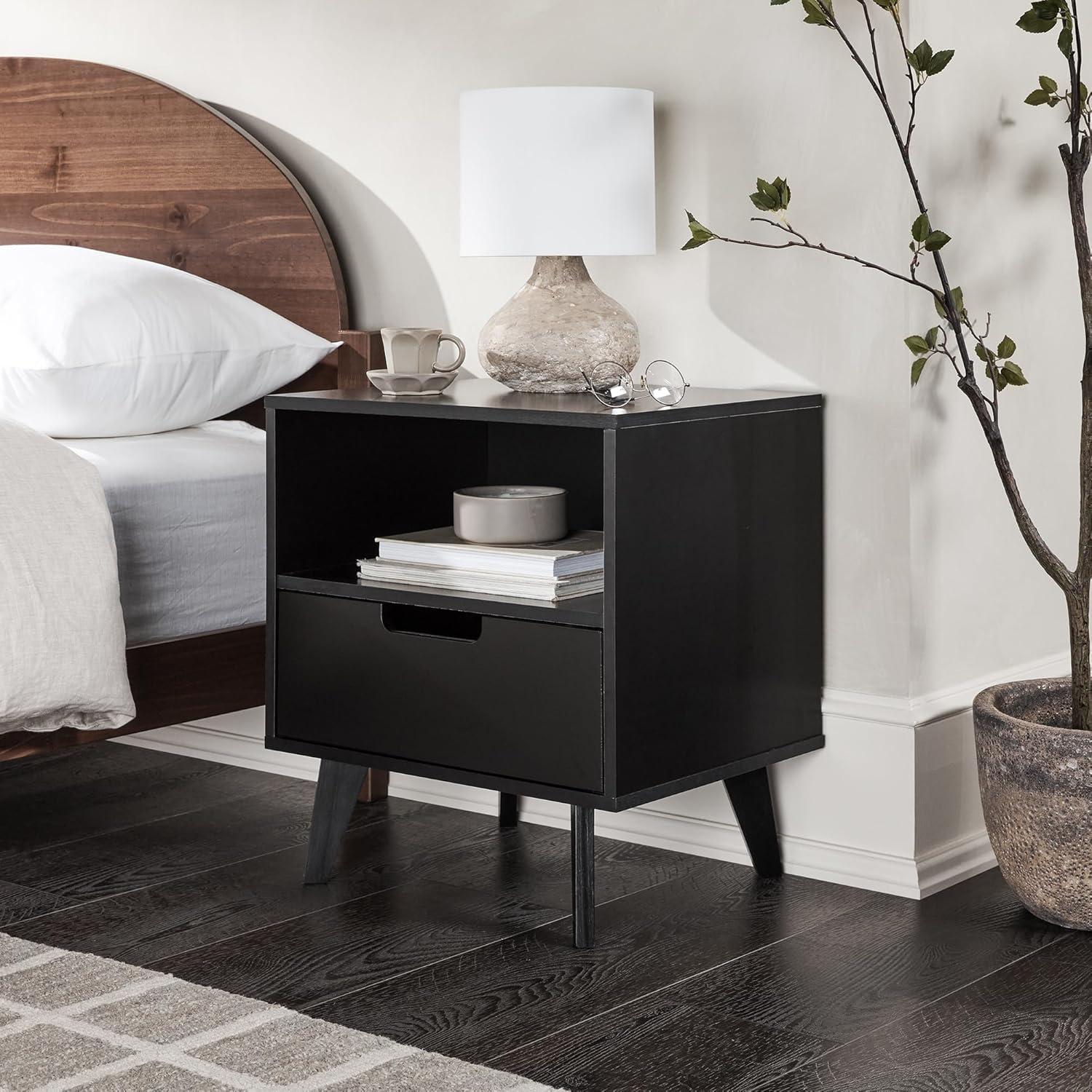 Black Mid-Century Modern 1-Drawer Nightstand with Open Cubby