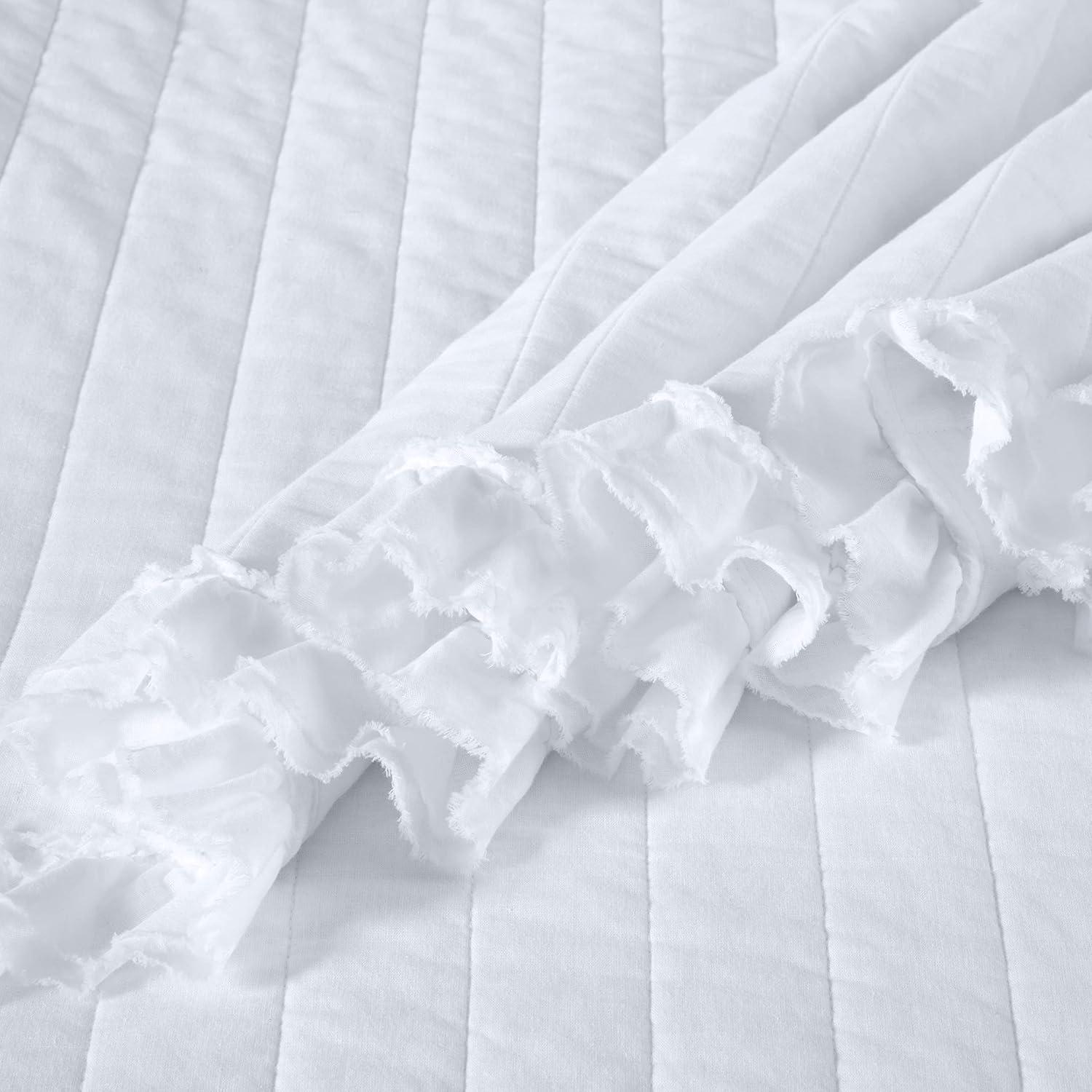 Chezmoi Collection Bonnie 3-Piece 100% Cotton Quilt Set Queen Size, White - Double Frayed Ruffled Edge Lightweight Pre-Washed Soft-Finished Cotton Bedspread for All Season