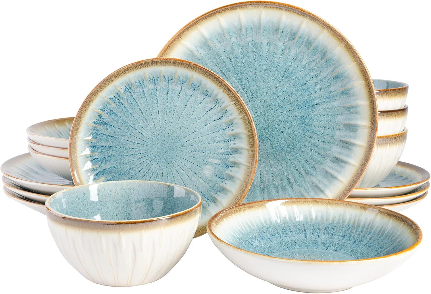 Light Blue Ceramic 16-Piece Embossed Dinnerware Set