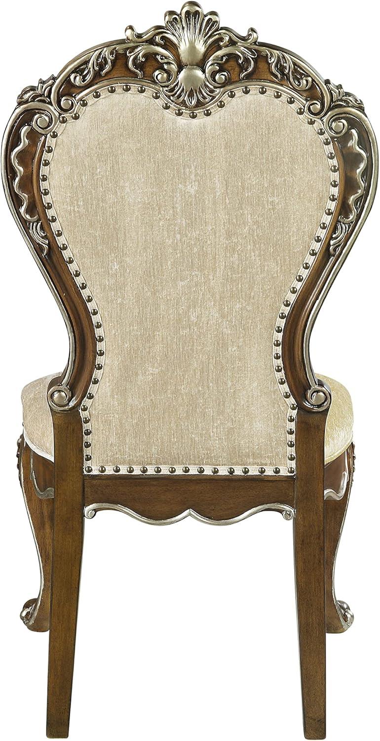 Antique Oak and Gray Chenille Upholstered Side Chair with Nailhead Trim