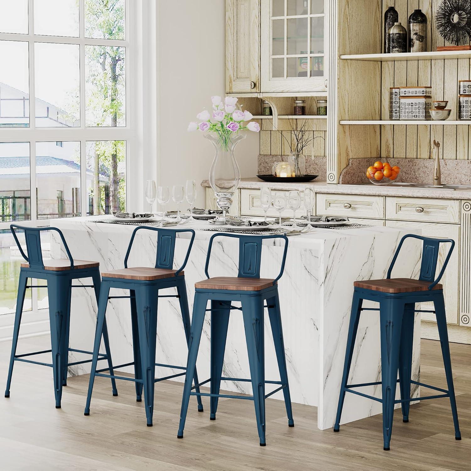 Distressed Navy Industrial Metal Bar Stools with Wood Seats