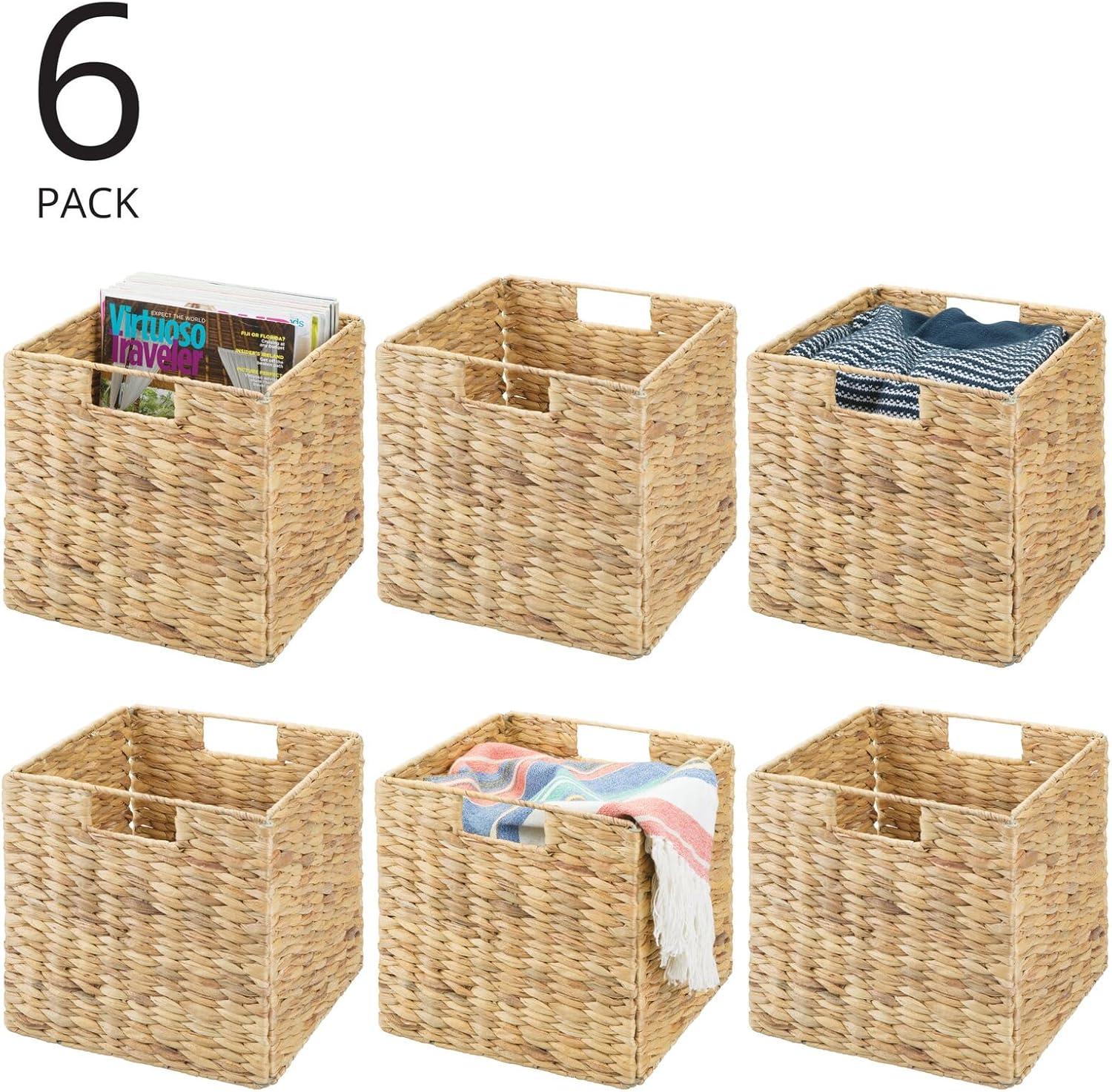 mDesign Hyacinth Woven Cube Bin Basket Organizer, Handles, 6 Pack, Natural/Tan