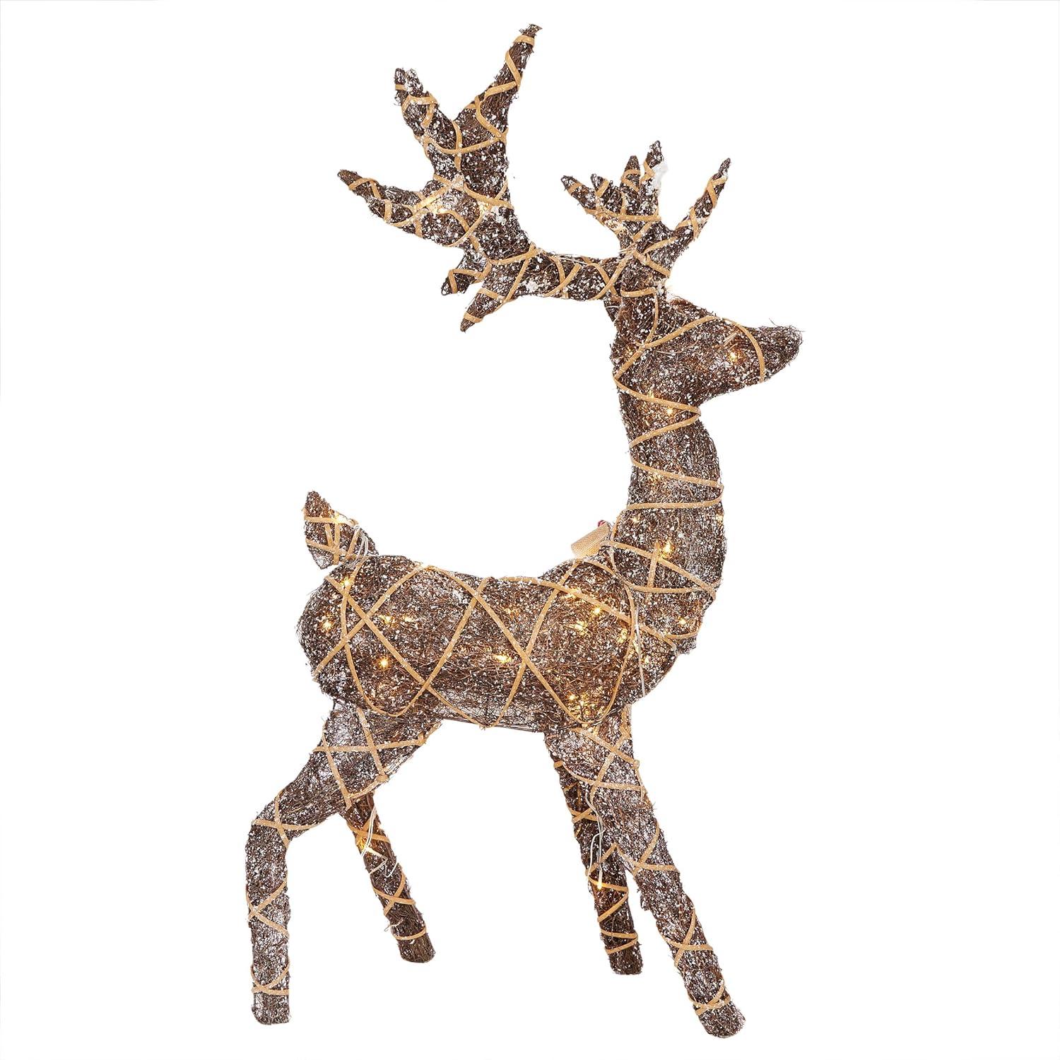 Alpine Corporation Twig with Natural Rattan Wrapped Reindeer and Warm White LED