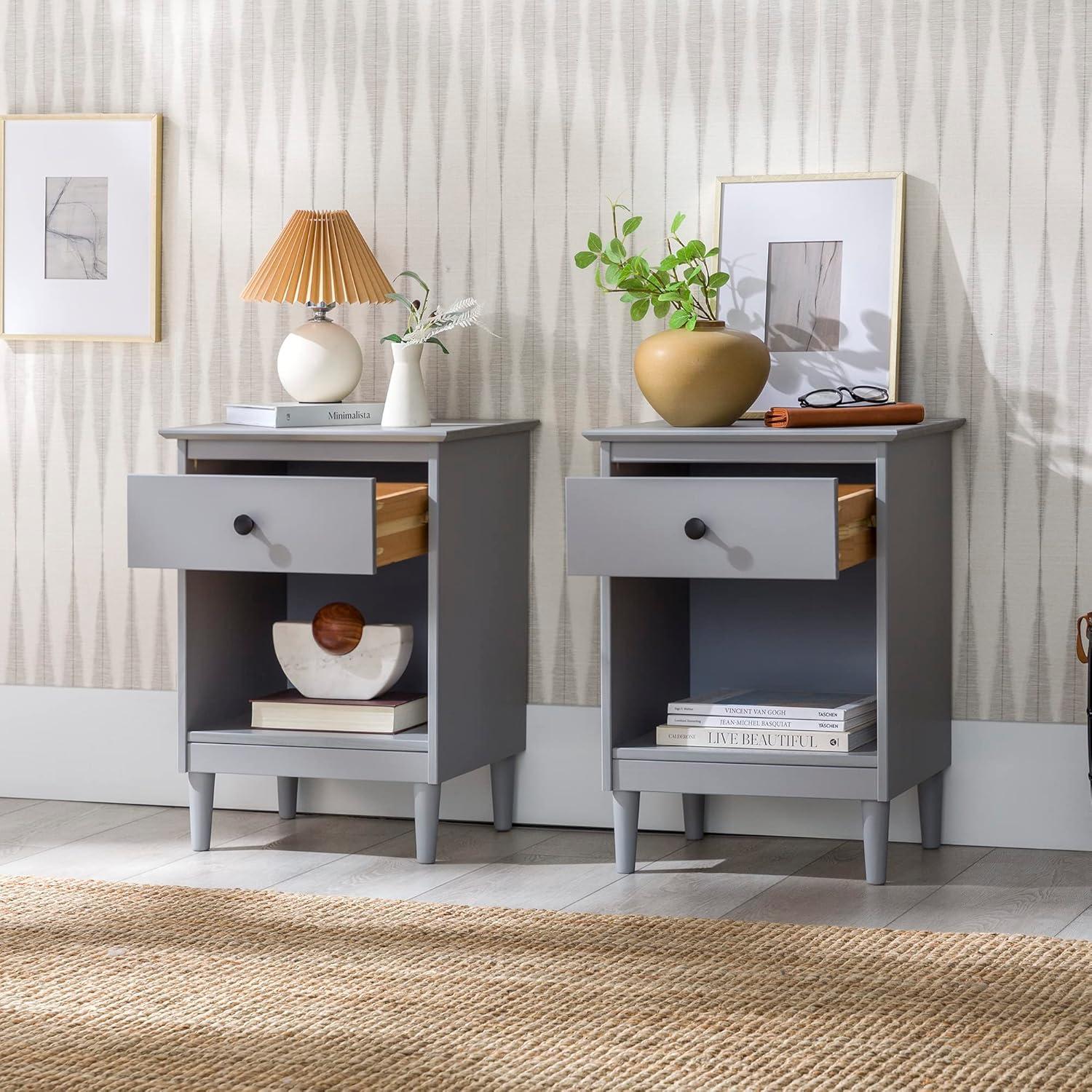 Grey Solid Wood 1-Drawer Nightstands, Set of 2