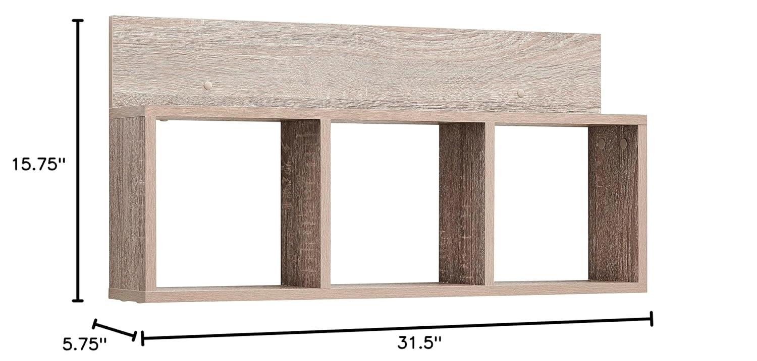 Danya B. 31.5" x 15.7" Modern 3 Cube Floating Wall Shelf with Display Ledge Weathered Oak: Laminated MDF, Iron Hardware