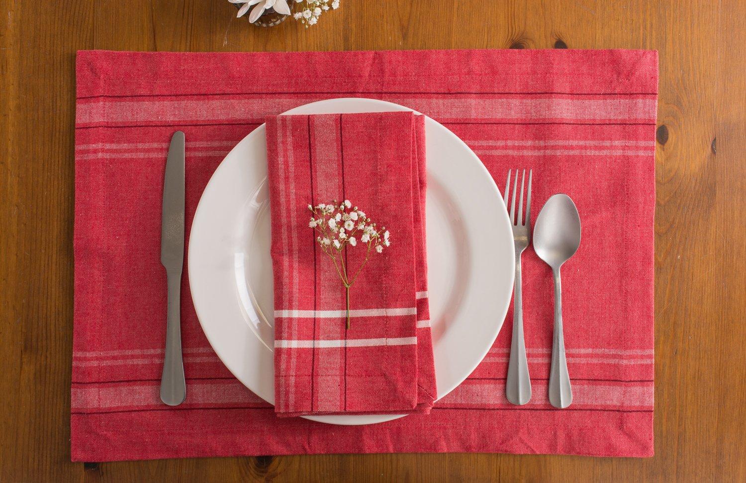 TANGO RED CHAMBRAY FRENCH STRIPE PLACEMAT SET/6