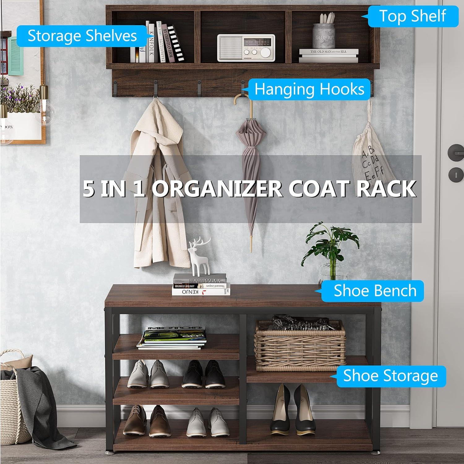 Tribesigns Coat Rack Shoe Bench Set Hall Tree with Shoe Bench Industrial Shoe Rack Bench with Coat Rack 3 Storage