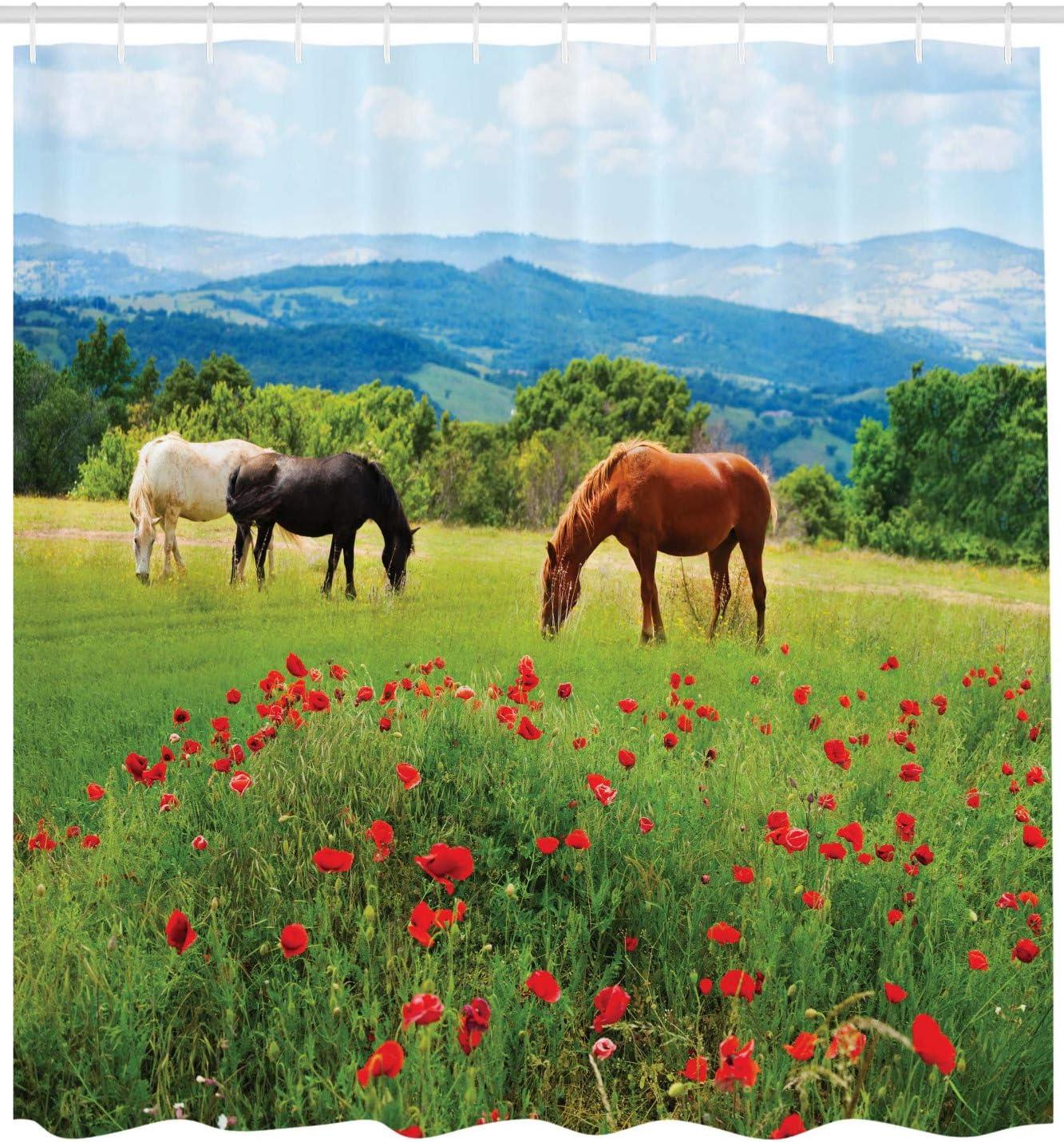 Ambesonne Horse Shower Curtain, Landscape Rural Scene, 69"Wx84"L, Multicolor