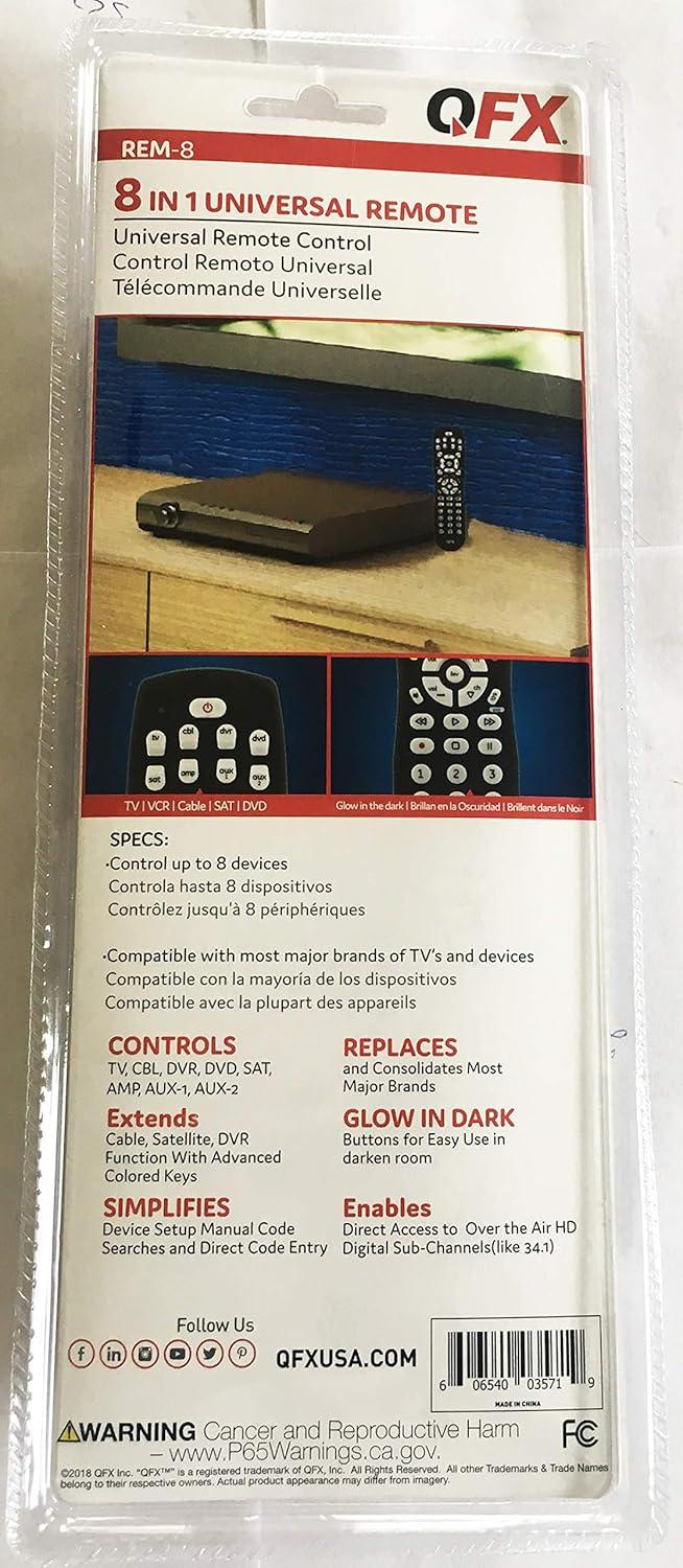 QFX® 8-Device Universal Remote with Glow-in-the-Dark Buttons, Black, Size: 8 in 1