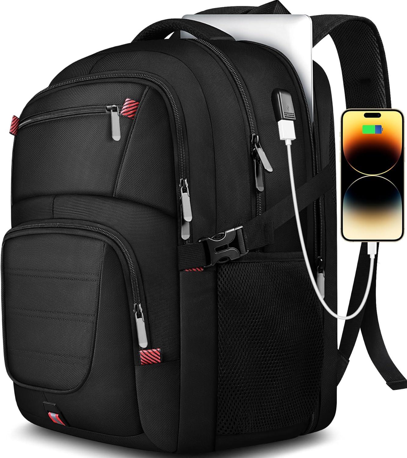 50L Travel Backpack, 17 inch Laptop Backpack for Men, Extra Large Sturdy TSA Friendly with USB Port College School Rucksack Bag Gifts for Him Men Women, Black