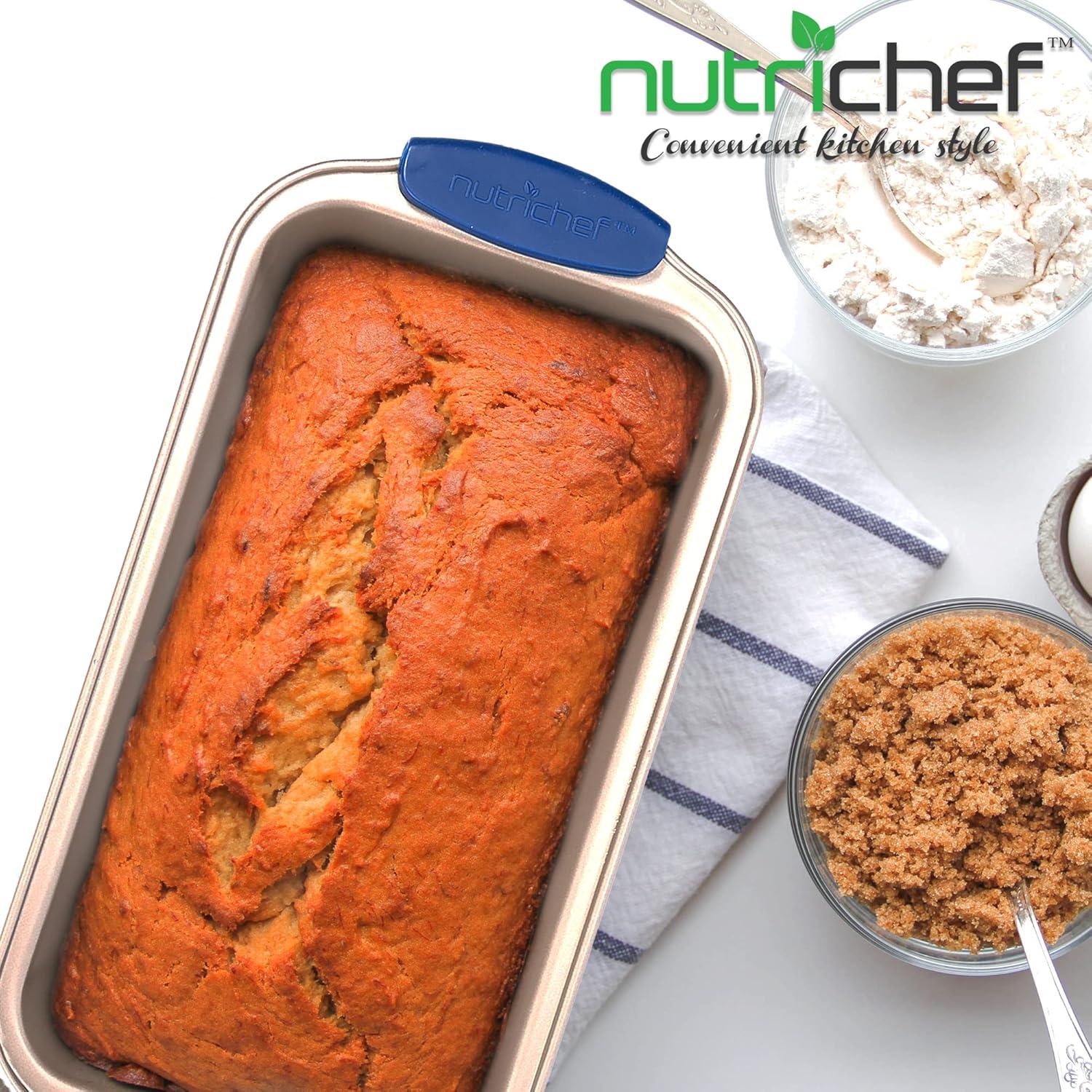 NutriChef Non-Stick Loaf Pan - Deluxe Nonstick Gold Coating Inside and Outside with Blue Silicone Handles