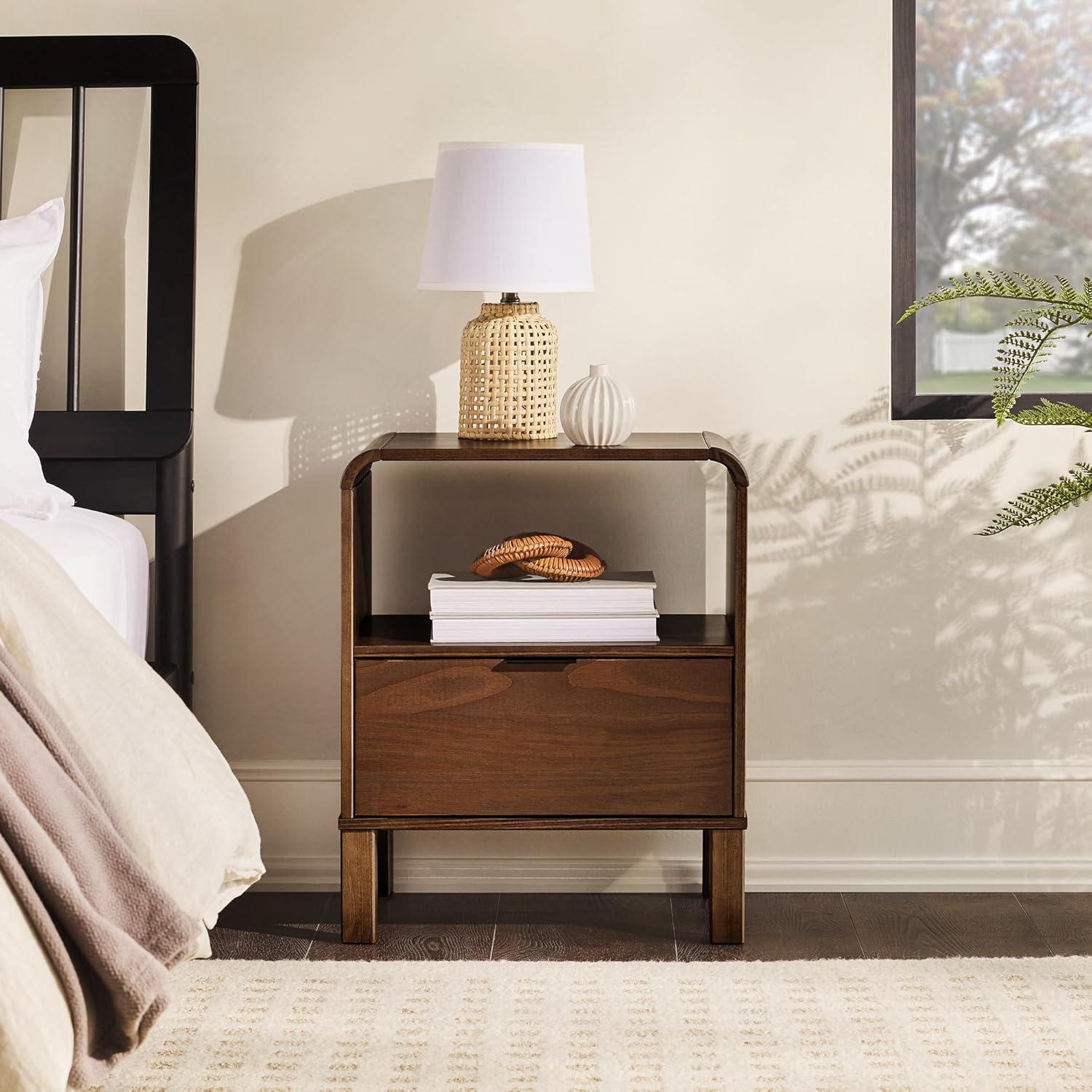 Brown Solid Pine Wood 1-Drawer Nightstand with Open Cubby