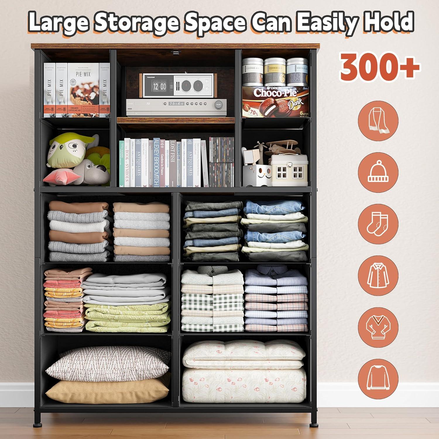 ASDRFYU Dresser Tall Dressers for Bedroom with Mesh Door Dressers & Chests of Drawers with 10 Fabric Drawer Dresser Organizer Metal Frame Wood Top for Closet Entryway Black 38" Wx