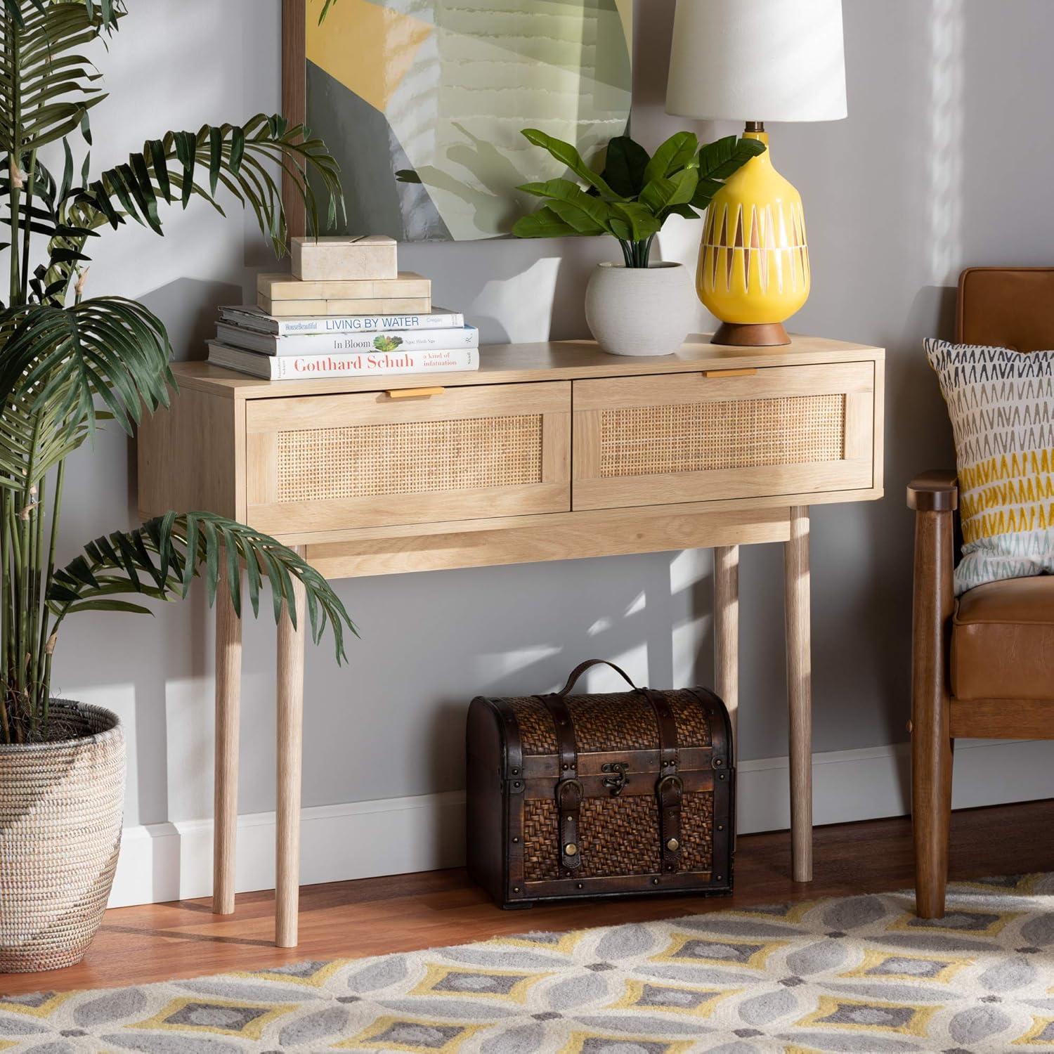 Light Oak Brown Wood and Rattan 2-Drawer Console Table