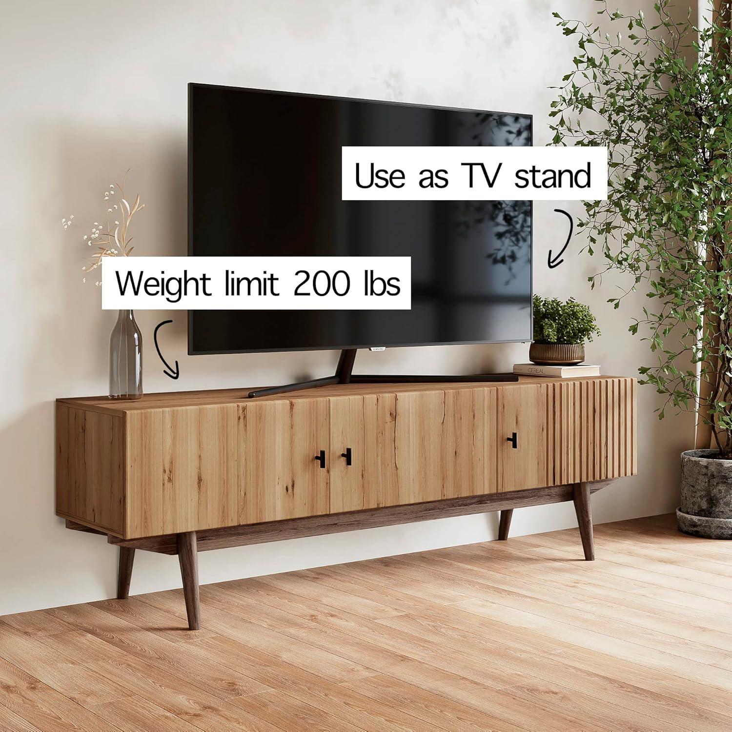Living Skog  Chelsea Brown TV Stand Fits for TV's up to 65 in. with Slatted Design and Wood Legs light brown Matte Laminate