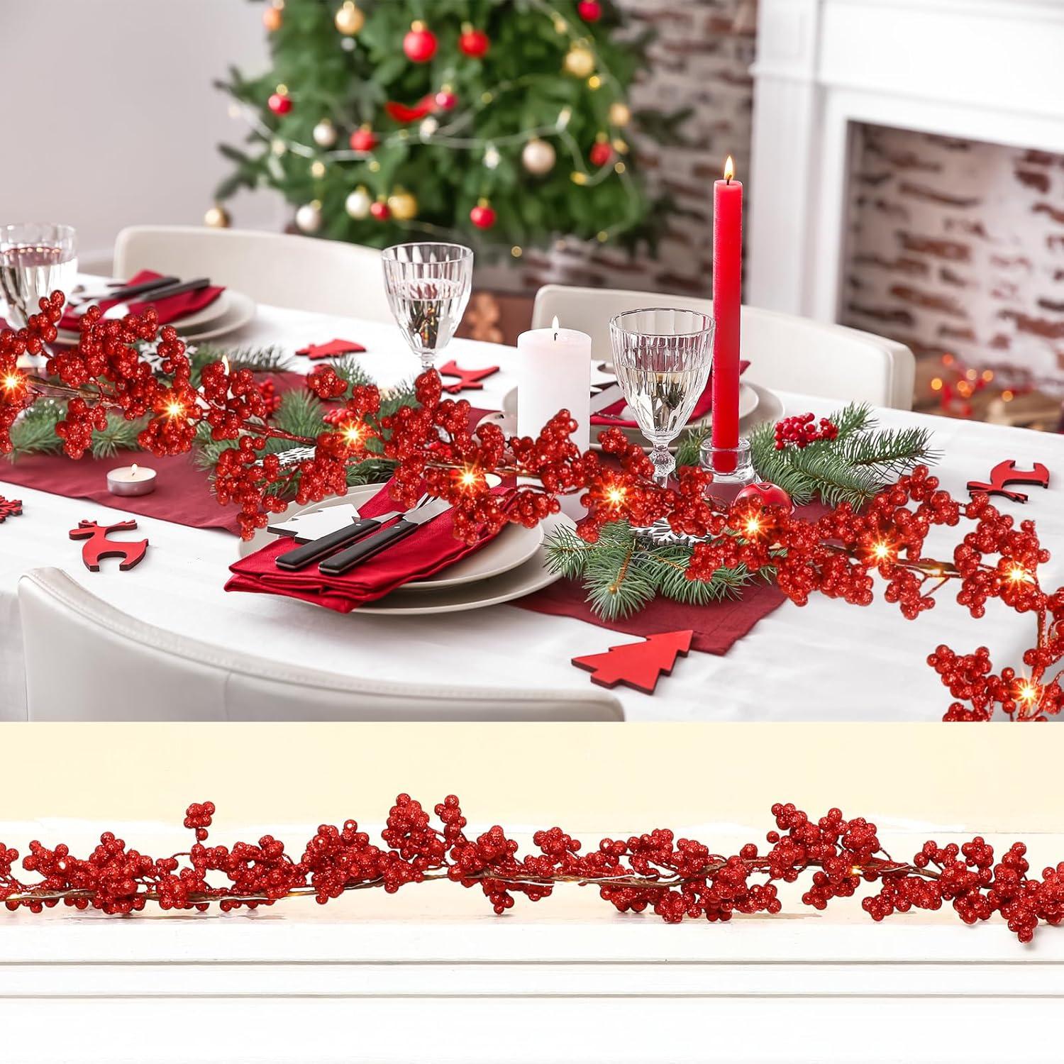 6ft Red Glitter Berry Lighted Christmas Garland