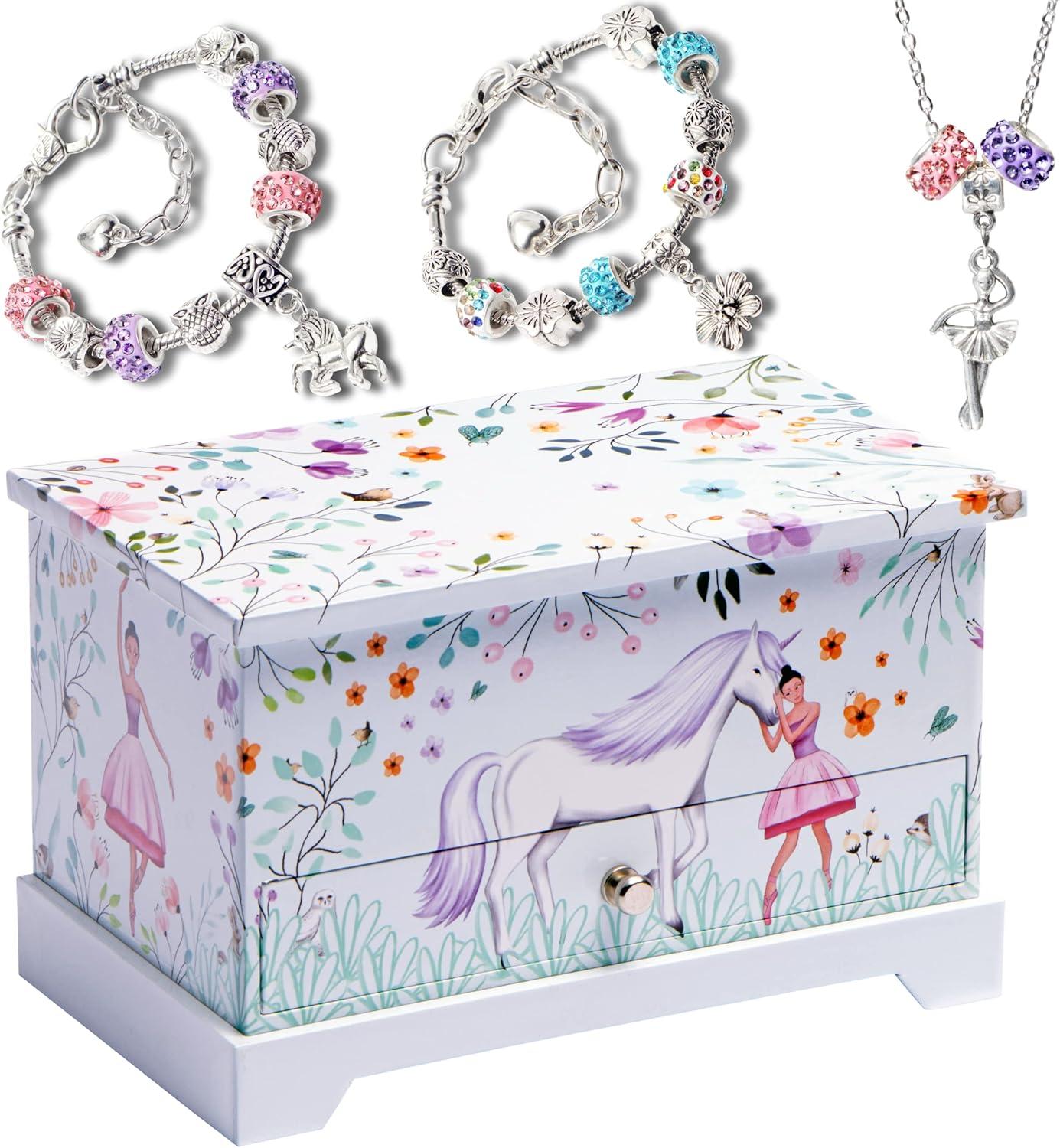 Whimsical Unicorn and Ballerina Musical Jewelry Box with Charm Bracelet Set