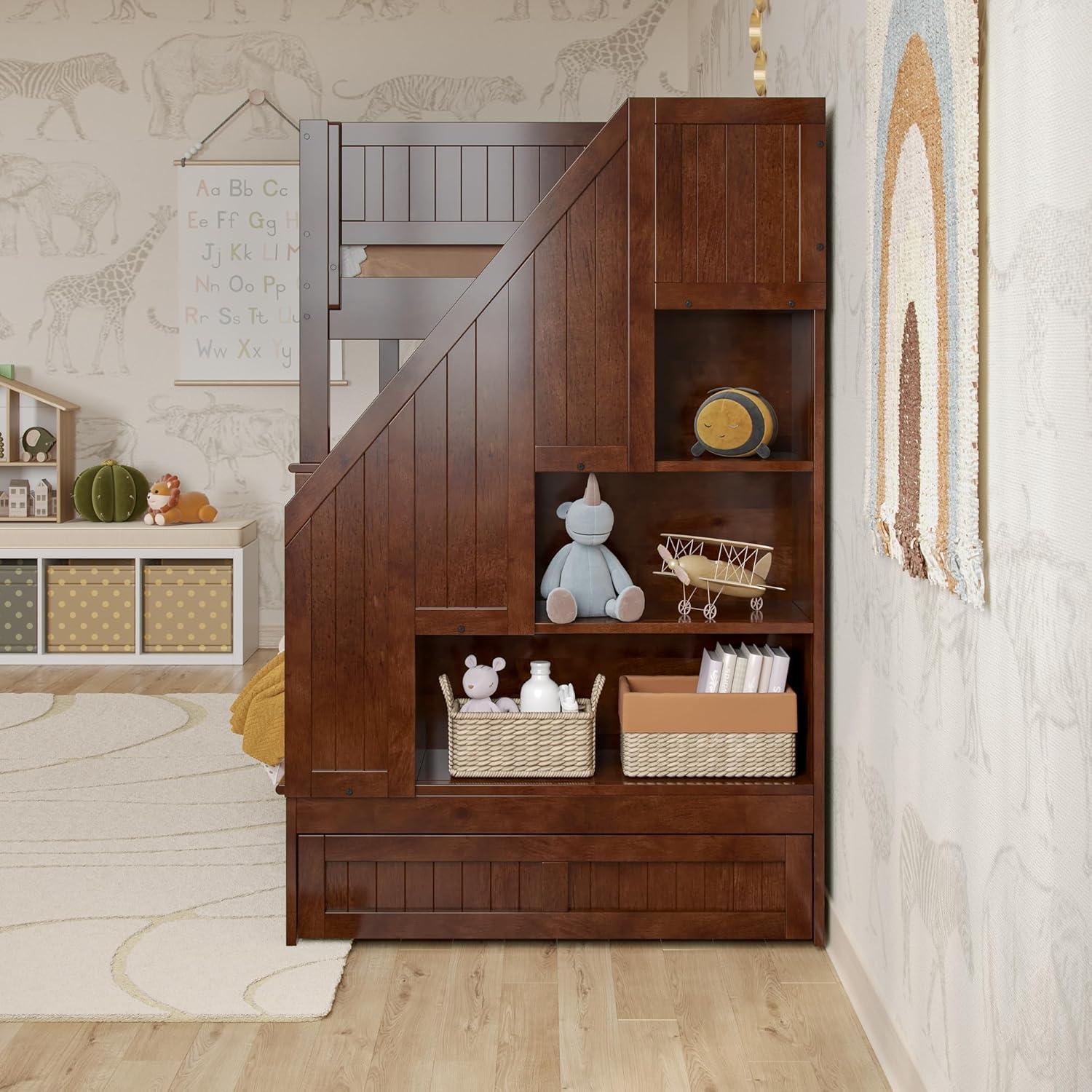 Dover Twin over Twin Wood Staircase Bunk Bed with Drawer & Trundle in Walnut