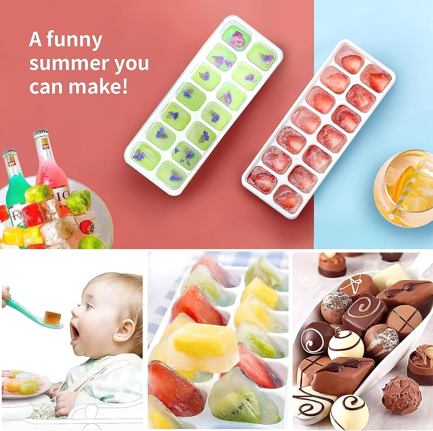 4 Bandejas de Hielo, Silicona con Tapa Extraíble, Bandejas de 14 Hielos Flexibles de Fácil Liberación, Moldes de Hielo Duraderos, Fundas Apilables y Extraíbles para Cócteles, Congeladores y Cervezas