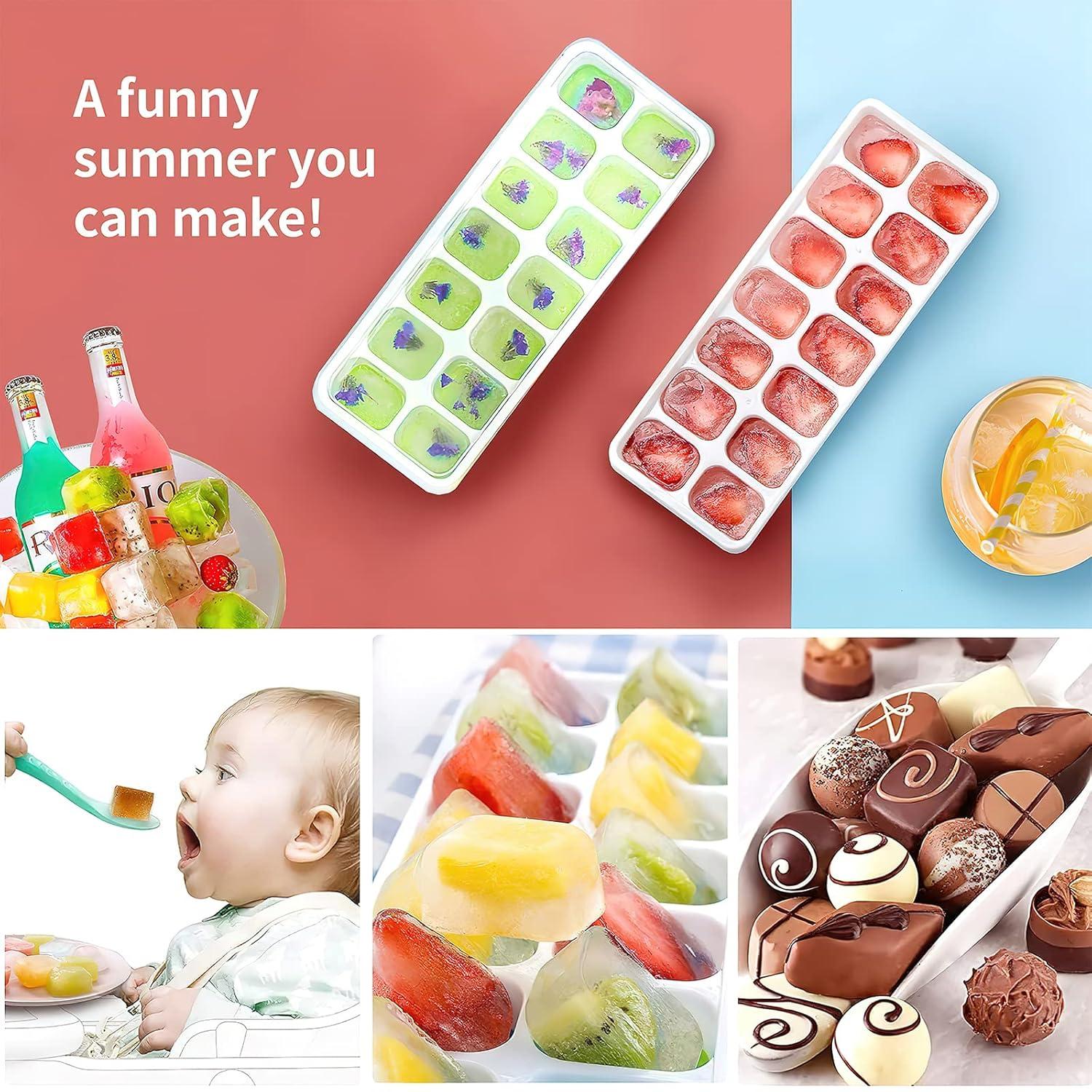 4 Bandejas de Hielo, Silicona con Tapa Extraíble, Bandejas de 14 Hielos Flexibles de Fácil Liberación, Moldes de Hielo Duraderos, Fundas Apilables y Extraíbles para Cócteles, Congeladores y Cervezas