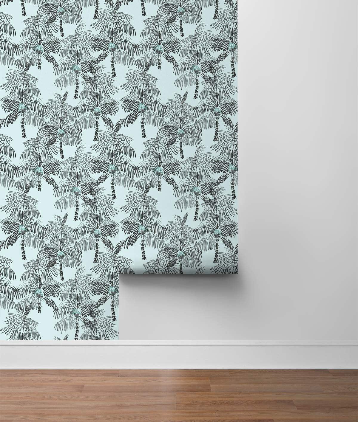 Sky Blue and Black Tropical Palm Peel and Stick Wallpaper