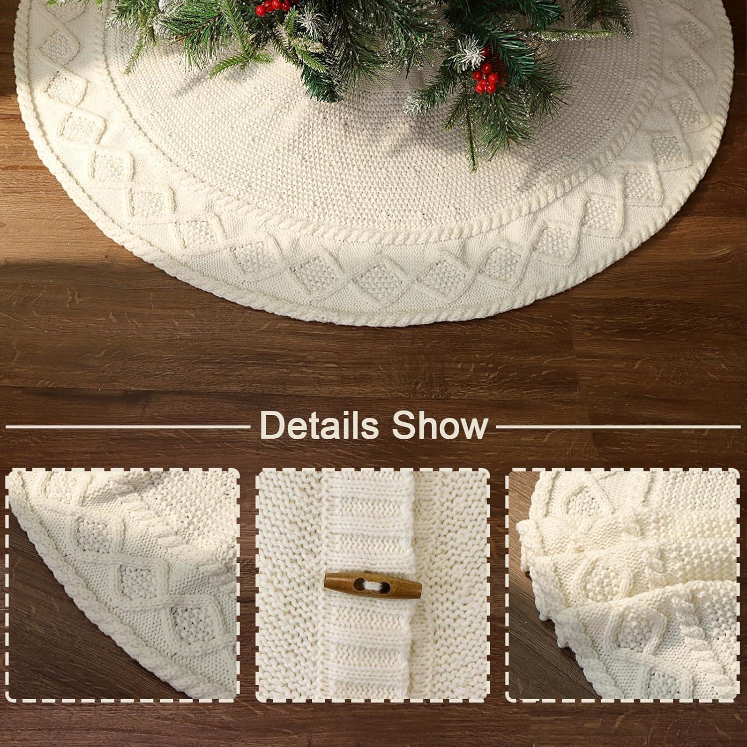 Knitted Christmas Tree Skirt: 48 Inches Cream White Tree Skirt, Diamond Edge Cable Knit Thick Rustic Christmas Tree Decorations, Holiday Christmas Decor Xmas Home Party Decorations