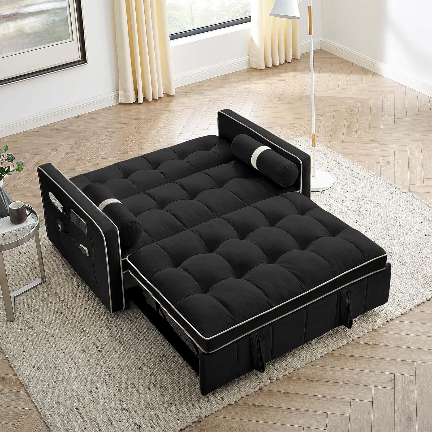 3 in 1 Convertible Sleeper Sofa Bed,55" Modern Velvet Sofa Couch Bed with 2 Lumbar Pillows and Adjsutable Backrest,2 Seater Loveseats Sofa for Apartment Office Living Room,Black