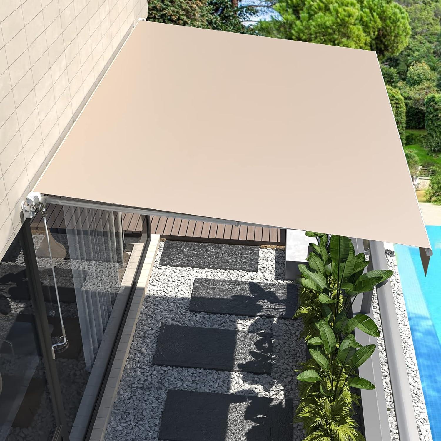 Beige 13' x 8' Manual Retractable Patio Awning with Aluminum Frame