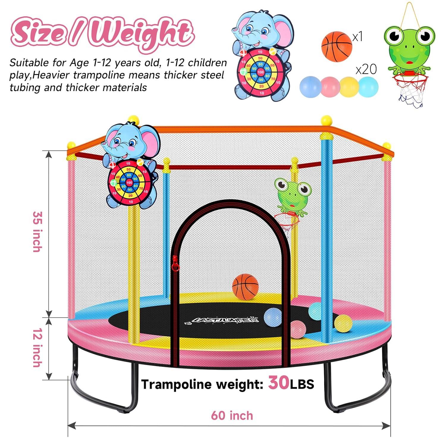 Pink Indoor Trampoline for Kids 2-5, 5ft Mini Indoor & Outdoor Small Toddler Trampoline with Net and Basketball Hoop