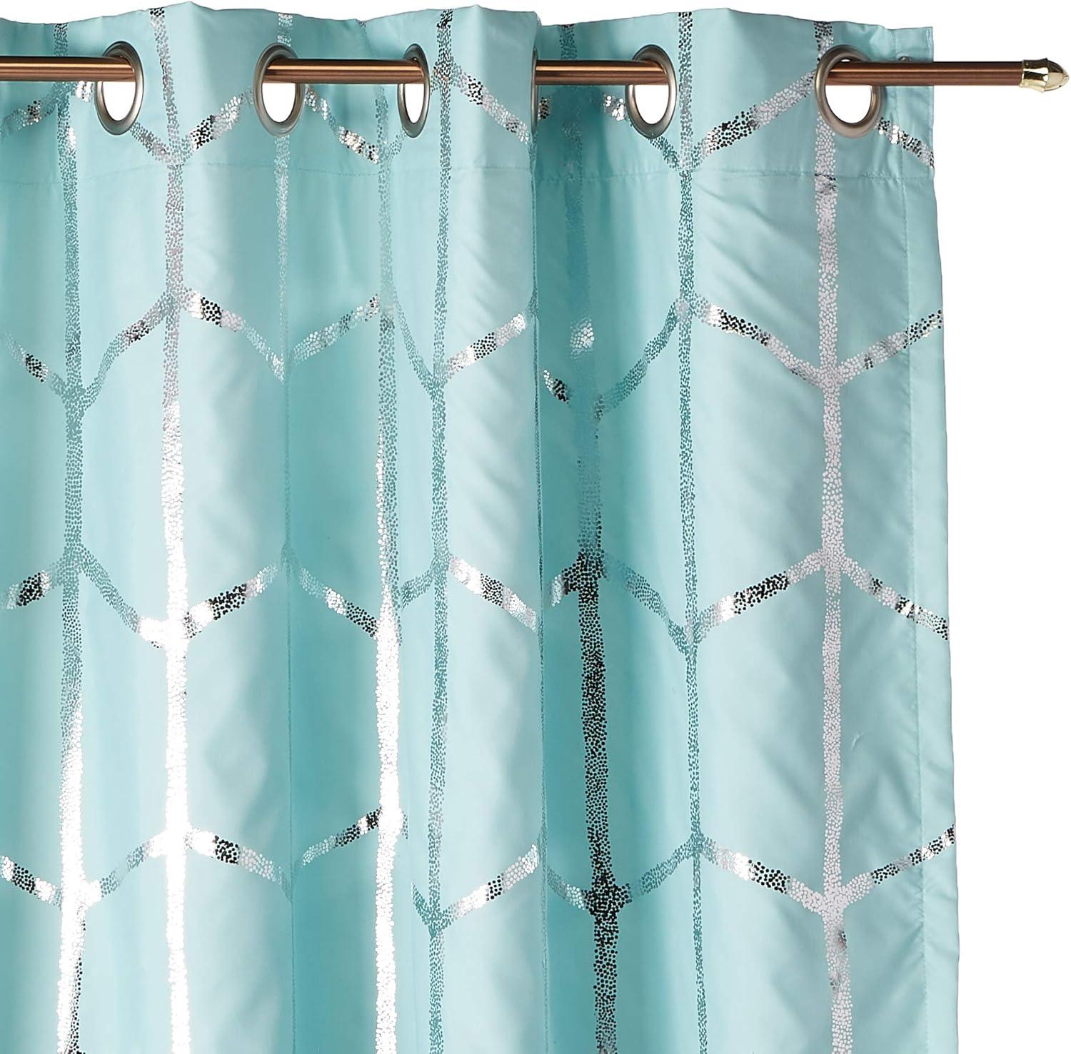 Intelligent Design Raina Total Blackout Metallic Print Grommet Top Window Curtain Panel in Aqua/Silver, 50"x84"