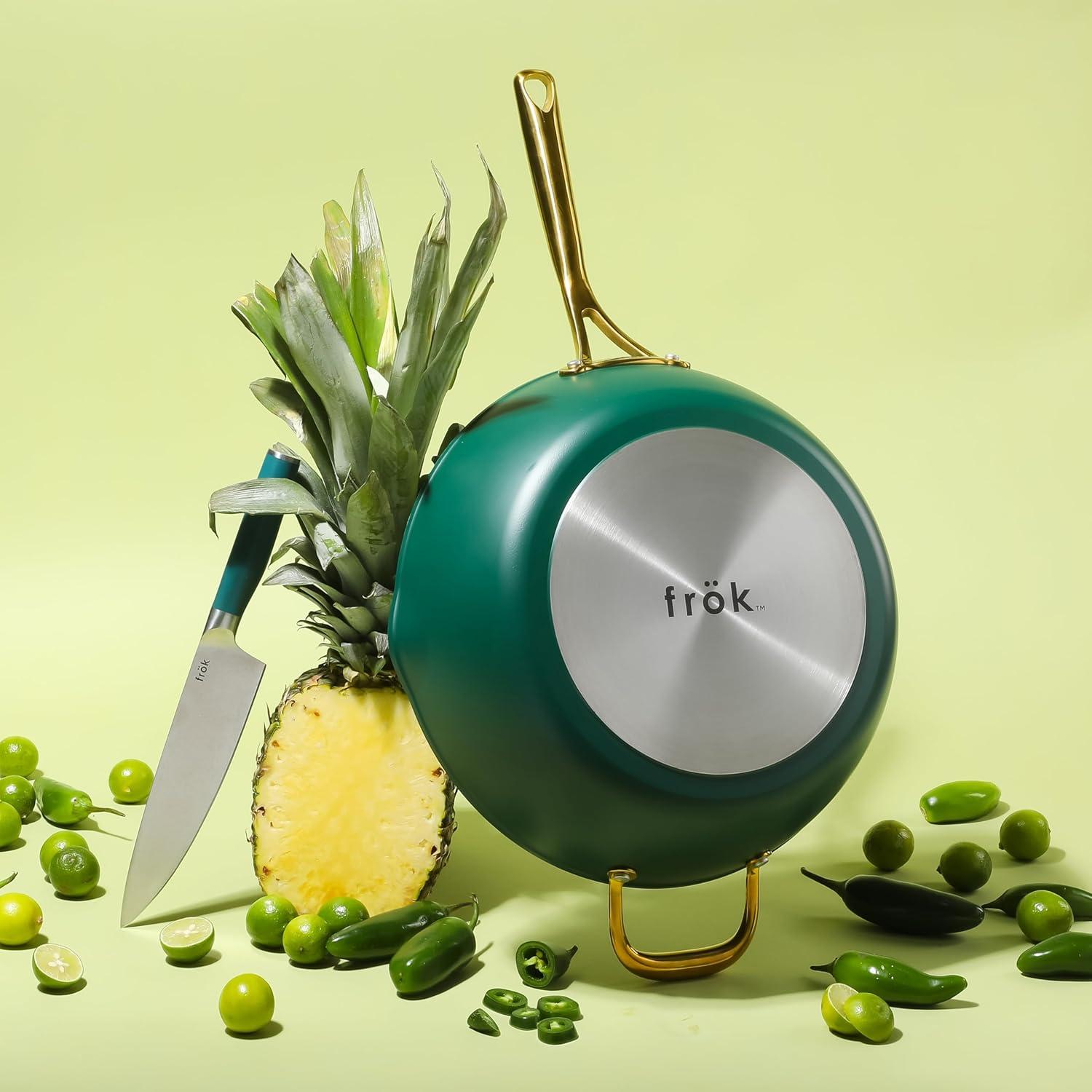 frök Frok 13"  Frying Pan Wok Skillet 4MM Thick Quick Heat Aluminum Cookware W/ Aluminum Lid Set W/ Premium PFA Free Ceramic Nonstick Interior & Heat Resistant Exterior - Induction