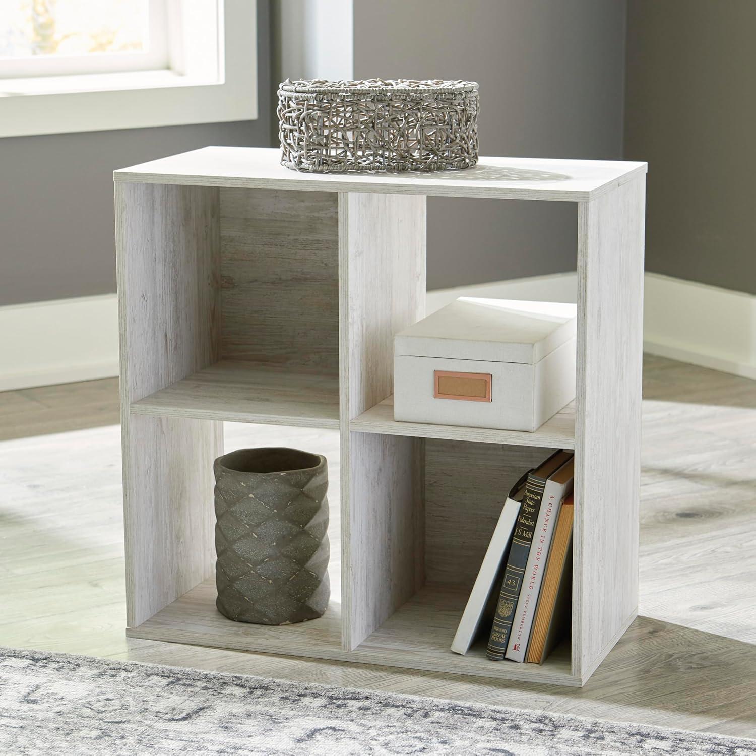 Signature Design by Ashley 23.82" Paxberry 4 Cube Organizer Whitewash: Modern Laminated Bookshelf, Storage Display