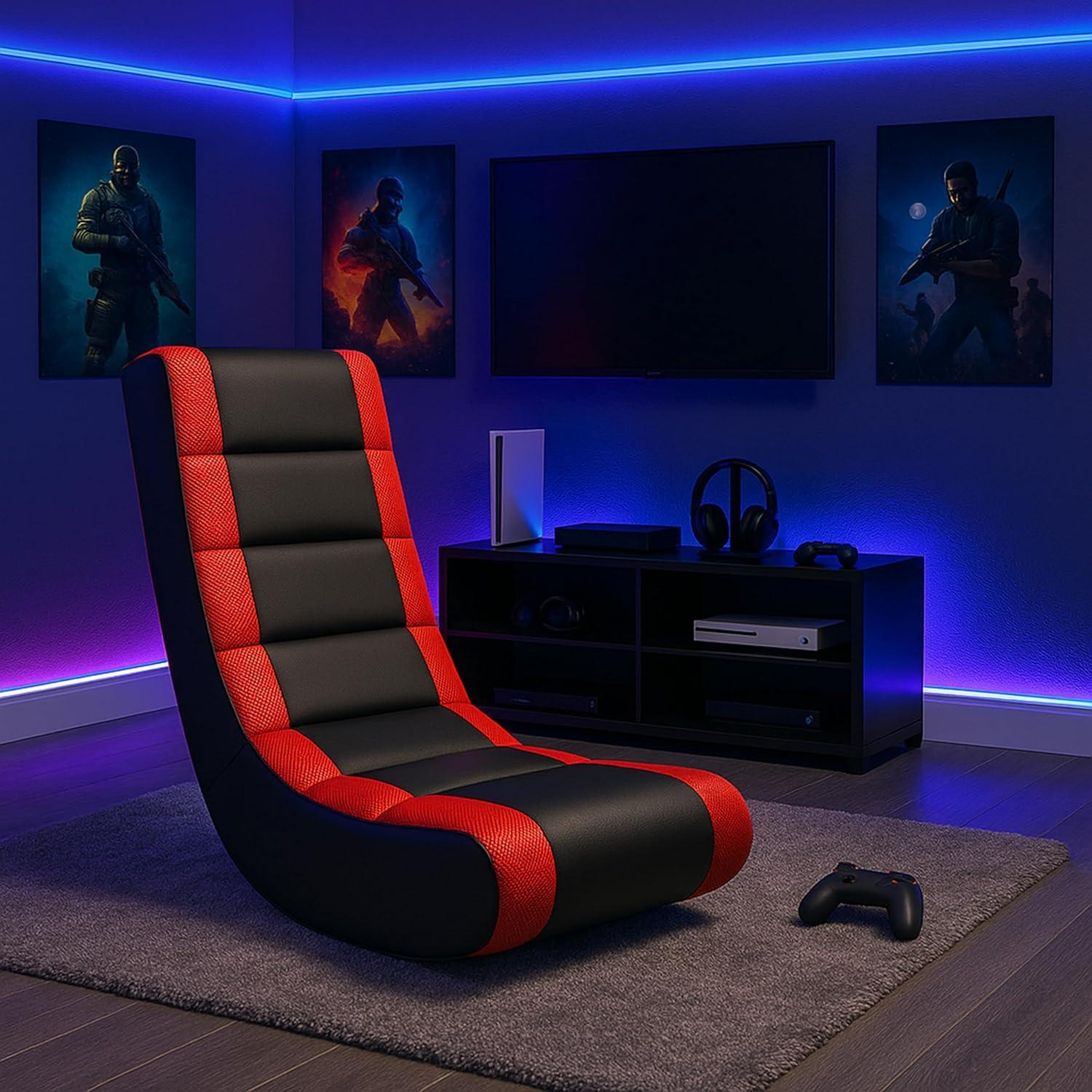 Video Rocker Gaming Chair Black/Red - The Crew Furniture: Ergonomic Floor Seat, Padded for Comfort, No Assembly Required
