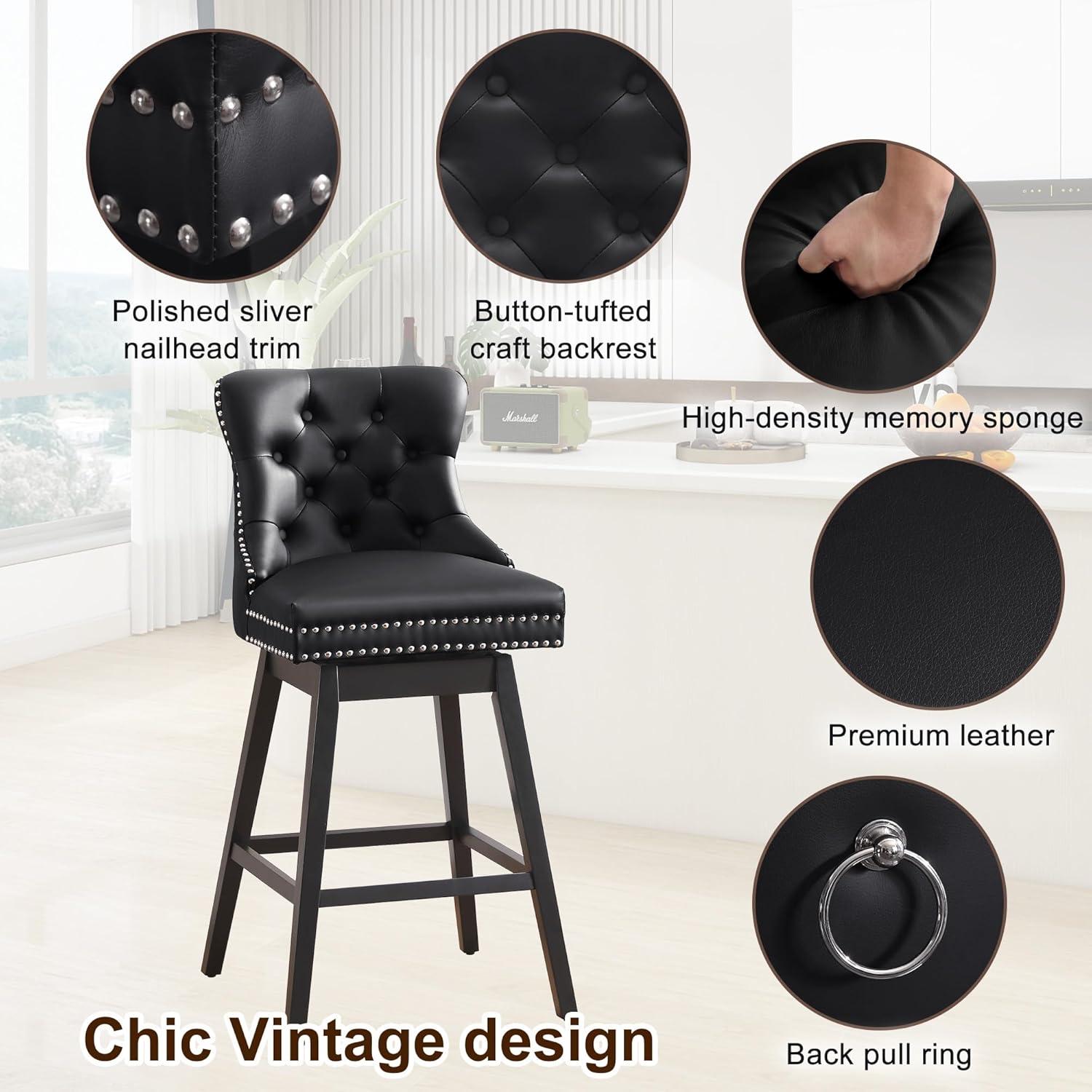 Dycanpo 26'' Swivel Bar Stools Set of 2, Upholstered Barstool with Footrest for Kitchen,Black-Faux Leather