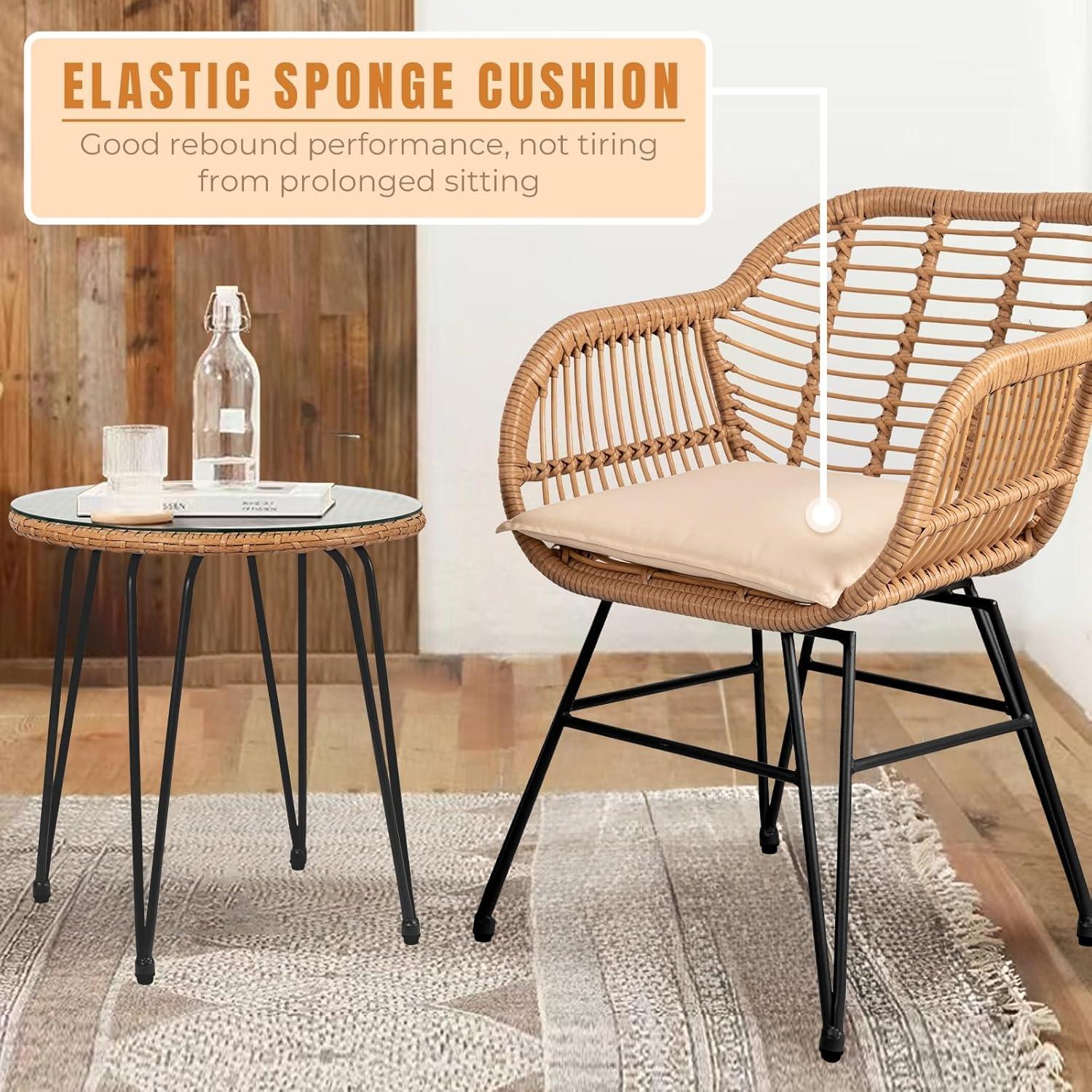 Black Steel and Wicker 3-Piece Patio Bistro Set with Beige Cushions