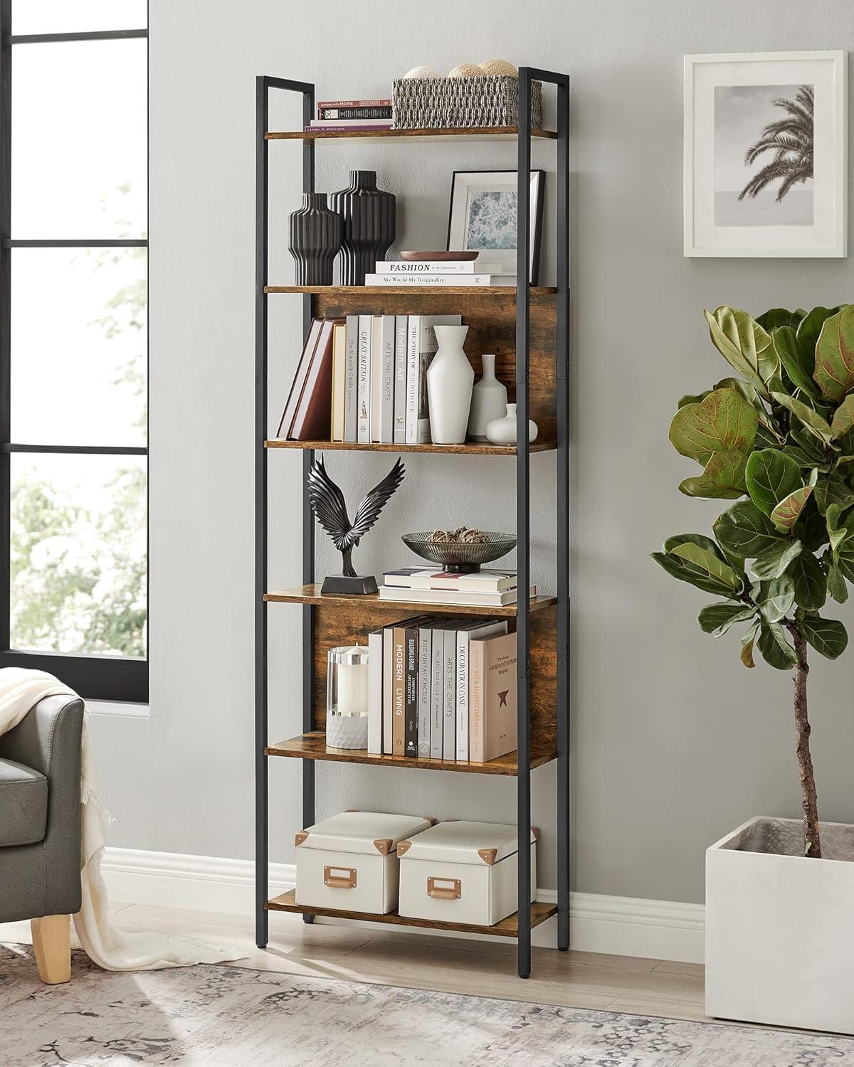 Industrial Black and Rustic Brown 6-Tier Bookshelf