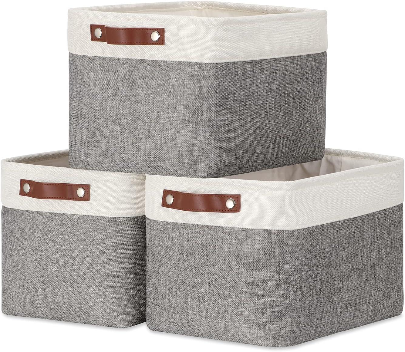 White and Gray Rectangular Fabric Storage Baskets with Faux Leather Handles, Set of 3