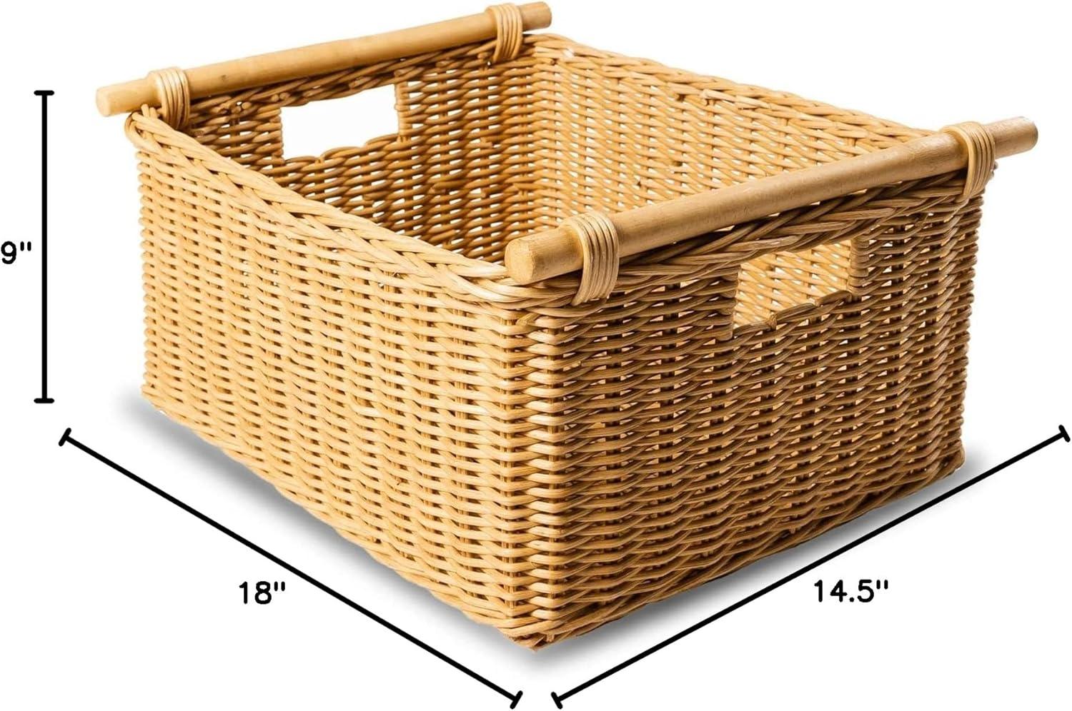 Drevy Deep Pole Handle Wicker Storage Basket, Large, 15 in L x 15.5 in W x 9.5 in H, Sandstone