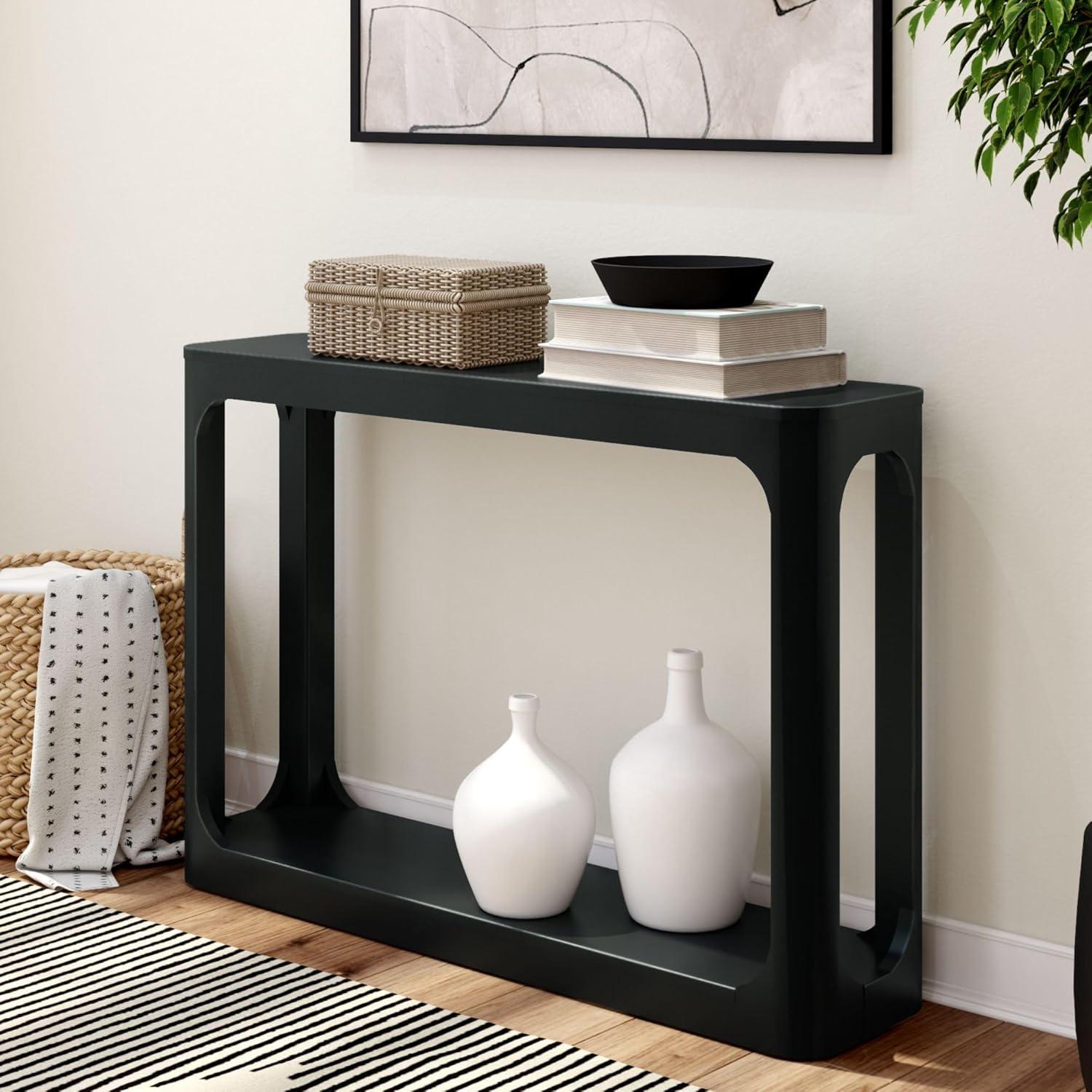 Plank+Beam 46" Forma Console Table, Solid Wood Rounded Edge Sofa Table with Storage Shelves, Narrow Entryway Table, Black