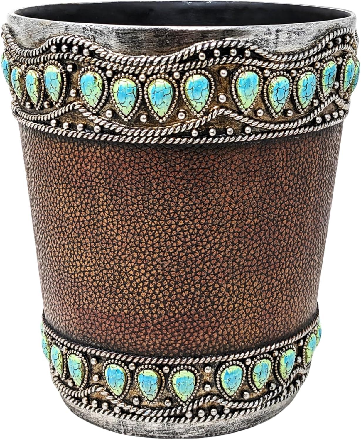 Decor Idea Decorative Resin Faux Leather Small Wastebasket with Turquoise Gem - Southwestern Rustic Trash Bin