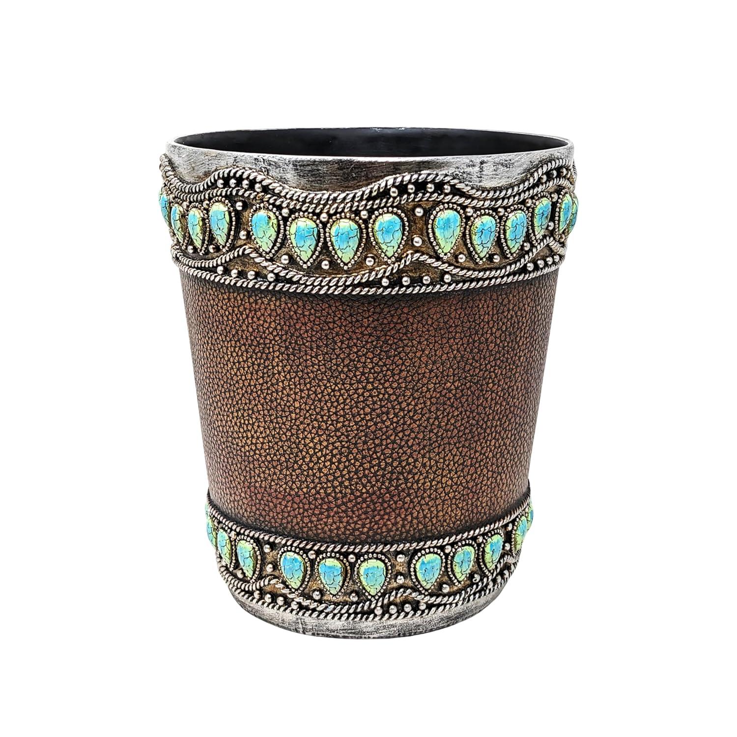 Decor Idea Decorative Resin Faux Leather Small Wastebasket with Turquoise Gem - Southwestern Rustic Trash Bin
