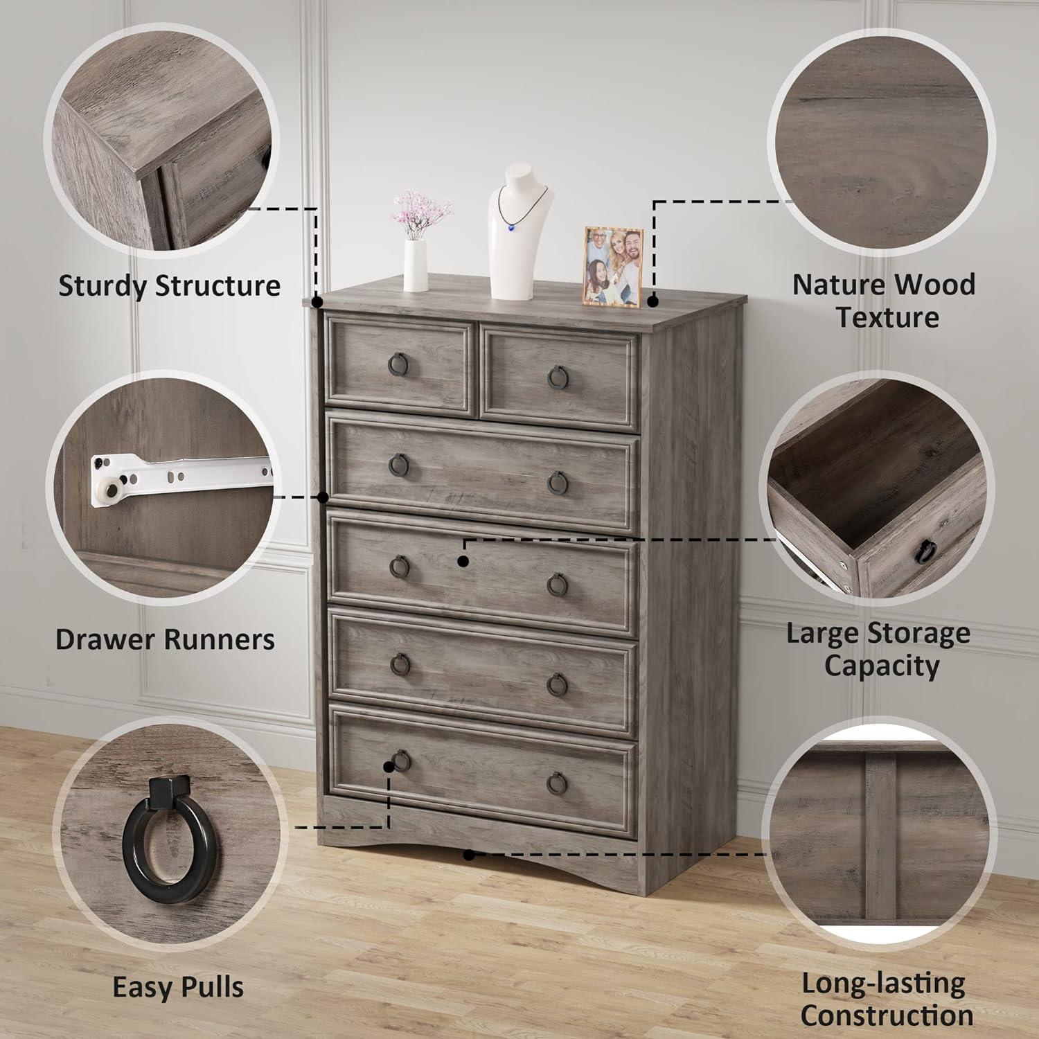 6 Drawer Dresser, Tall Wood Chest of Drawers Dressers for Bedroom, Living Room, Gray