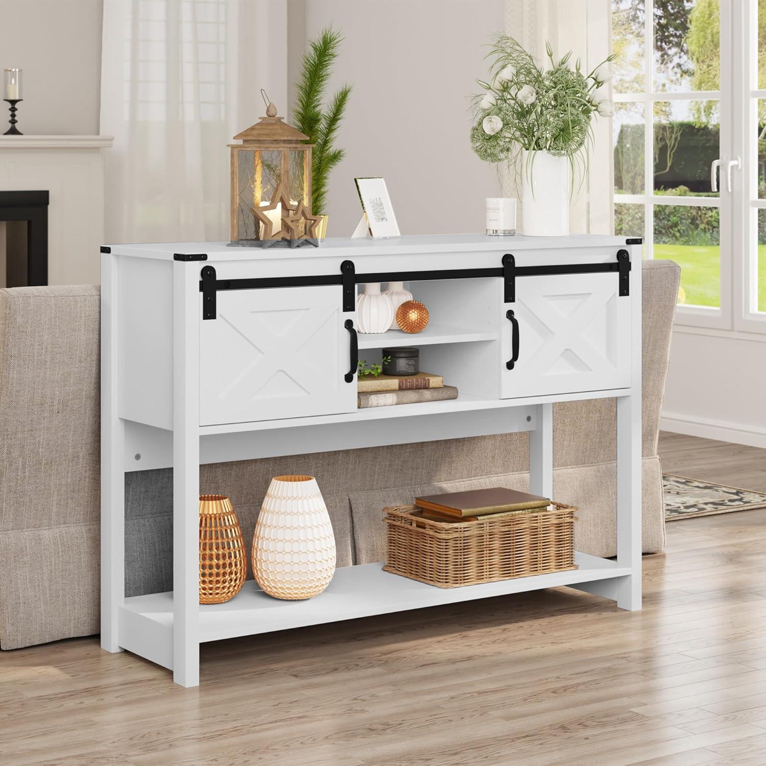 Royalcraft Entryway Table with Storage Cabinets, 46" Modern Farmhouse Console Table with Sliding Barn Door, Wood Rustic Sofa Table with Adjustable Shelf for Hallway, Living Room, Foyer, White