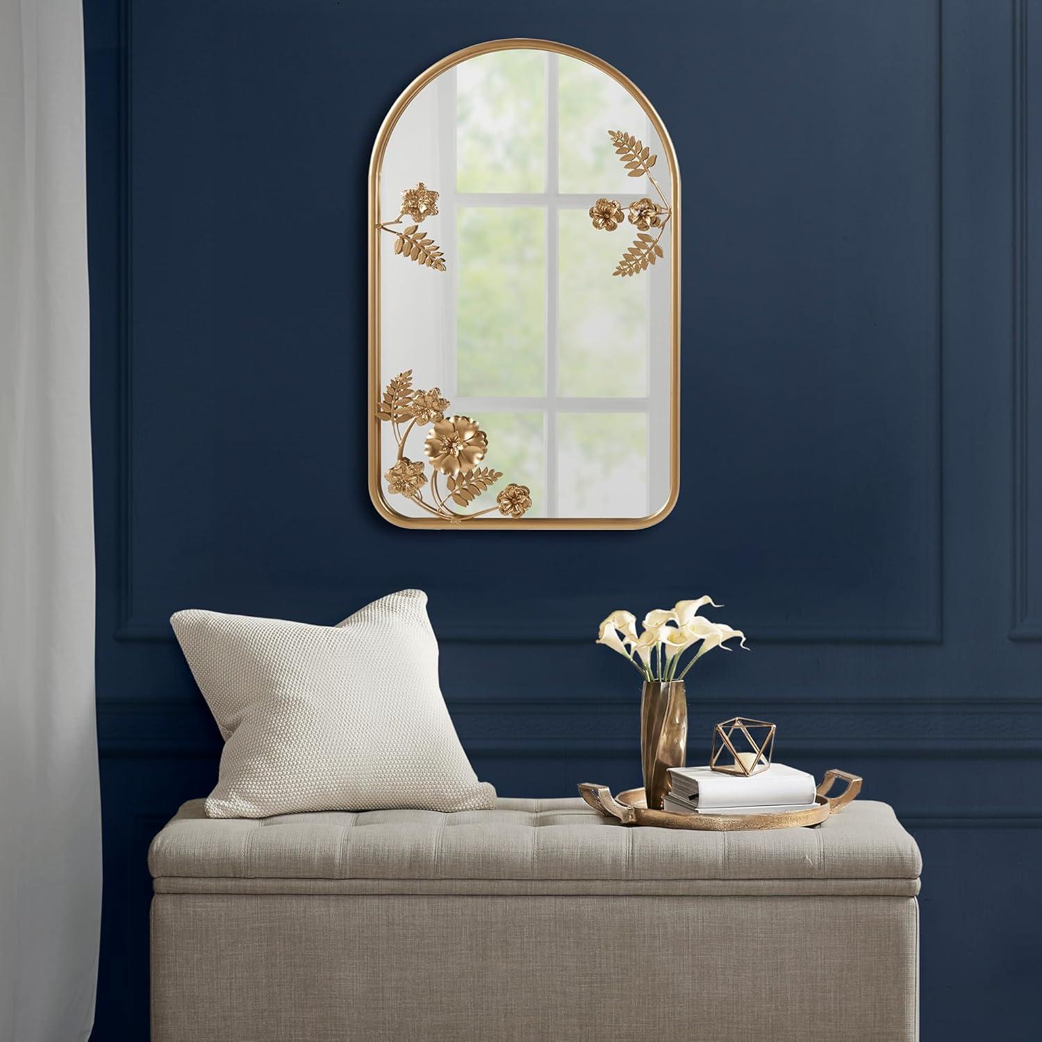 Adaline Arched Metal Floral Wall Mirror Gold - Madison Park: Luxury Glam Decor, Iron Frame, No Assembly