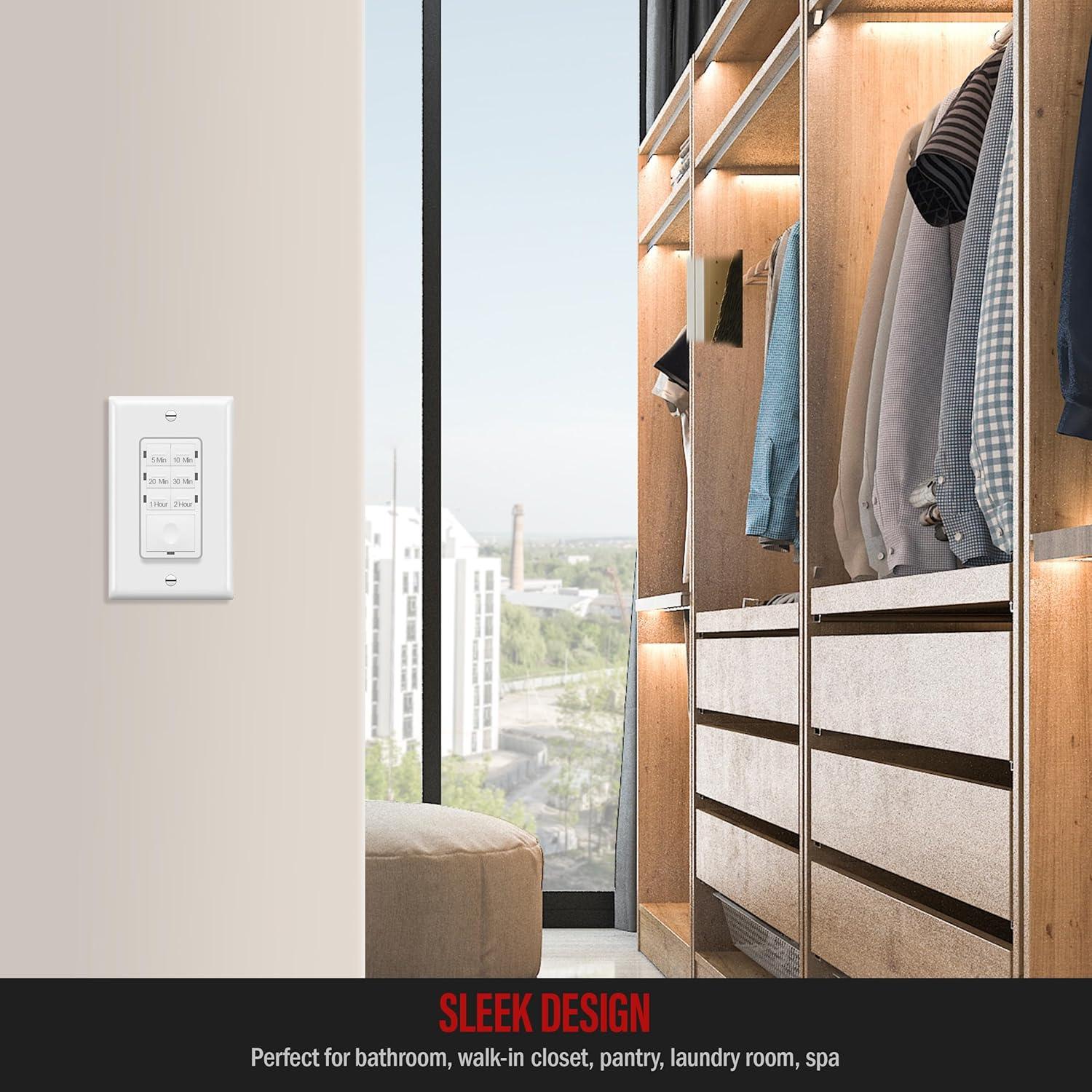 ENERLITES 2-Hour Countdown Timer Switch, 5-10-20-30 Min, 1-2 Hr, for Bathroom Fans, Heaters, Lights, LED Indicator, 120VAC 800W, No Neutral Wire Required, UL Listed, HET06-J-2H-W, White