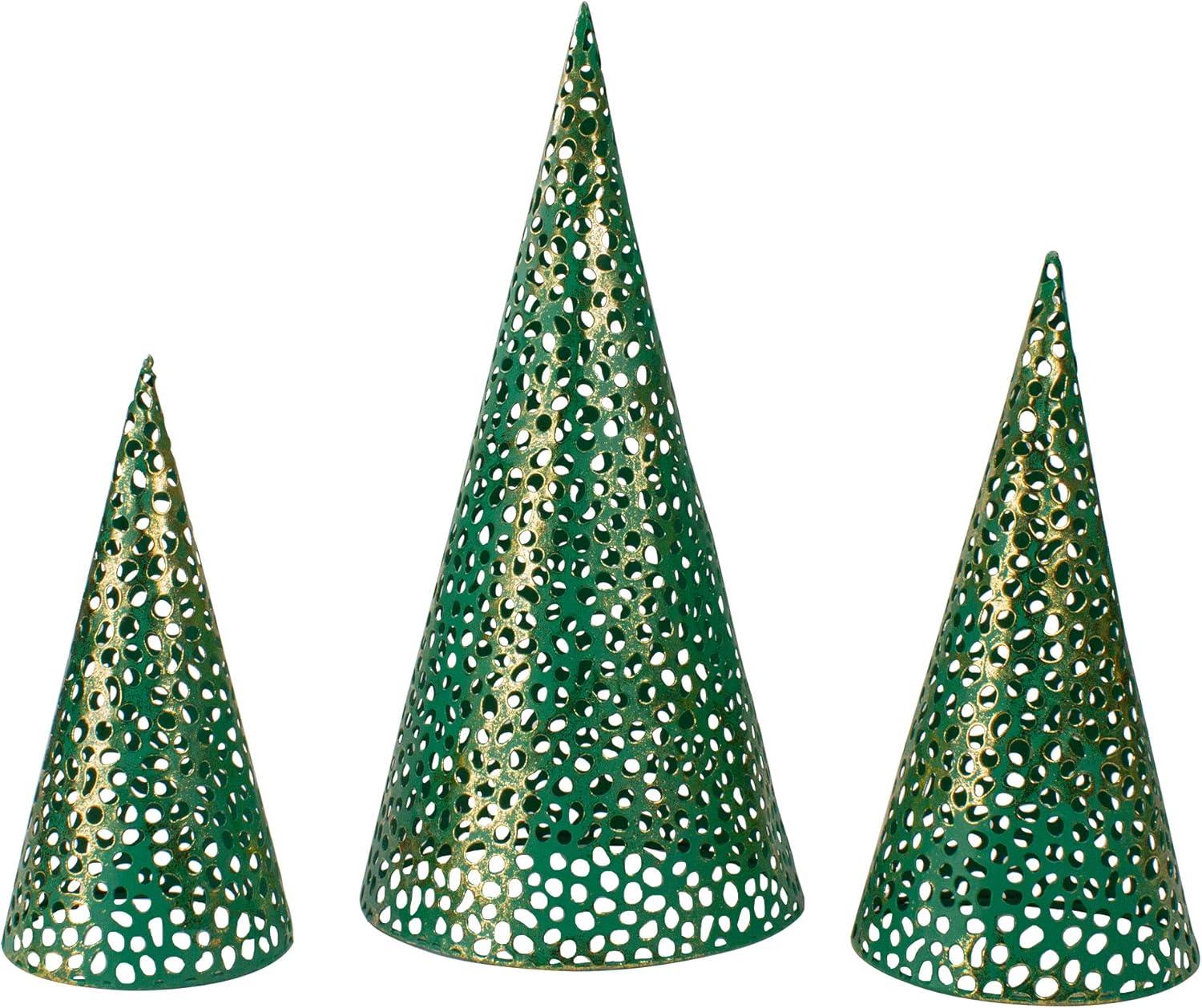 Set of 3 Green and Gold Metal Cone Christmas Trees