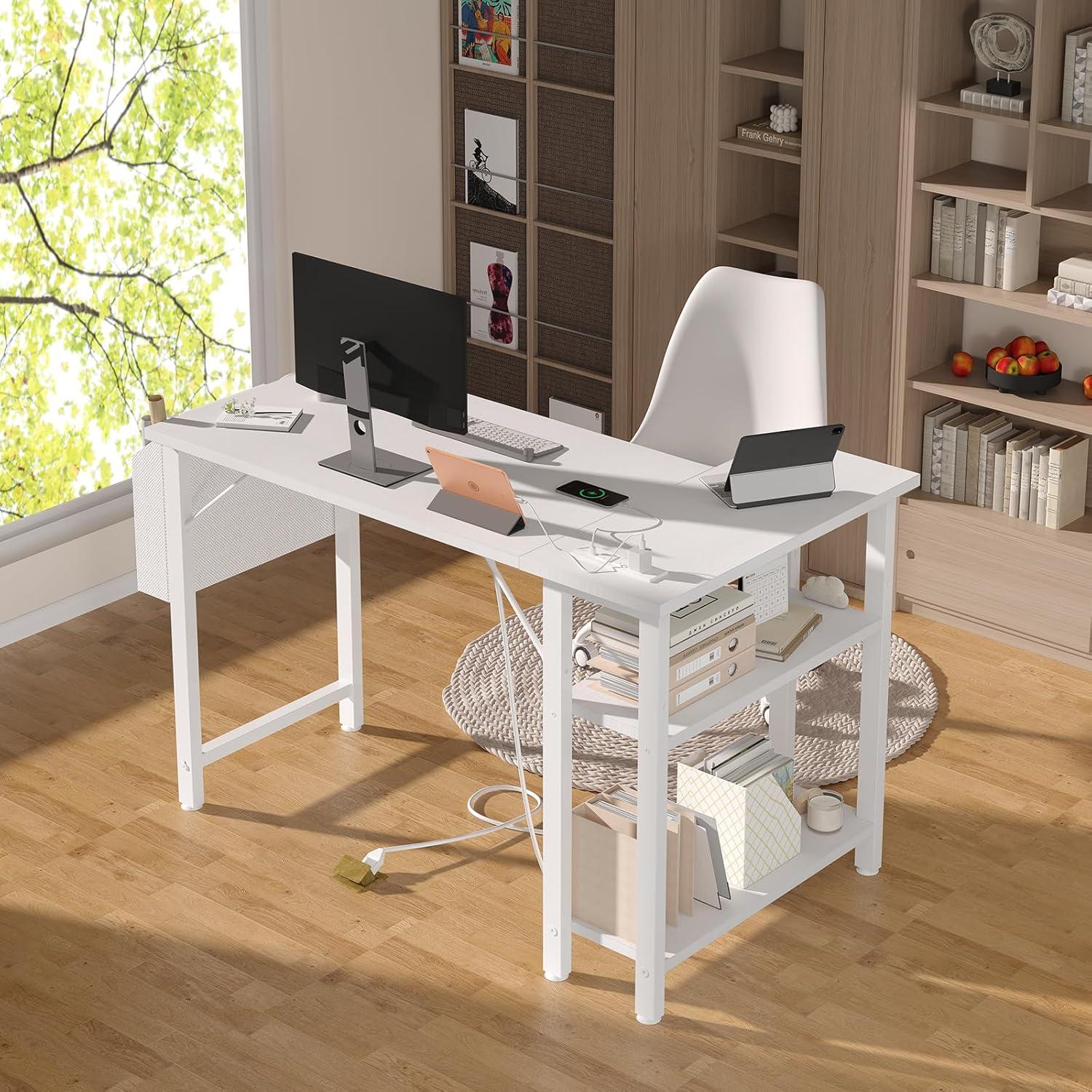 White L Shaped Computer Desk with Power Outlet Shelves, 40 Inch Small Corner Desk for Small Space Home Office, Study Work PC Desks for Bedroom, White