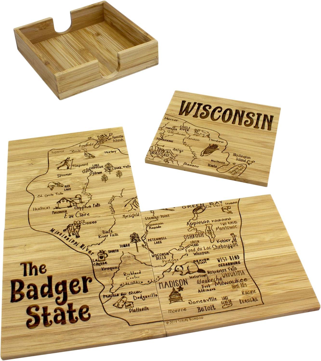 Wisconsin State Bamboo Puzzle Coaster Set with Case