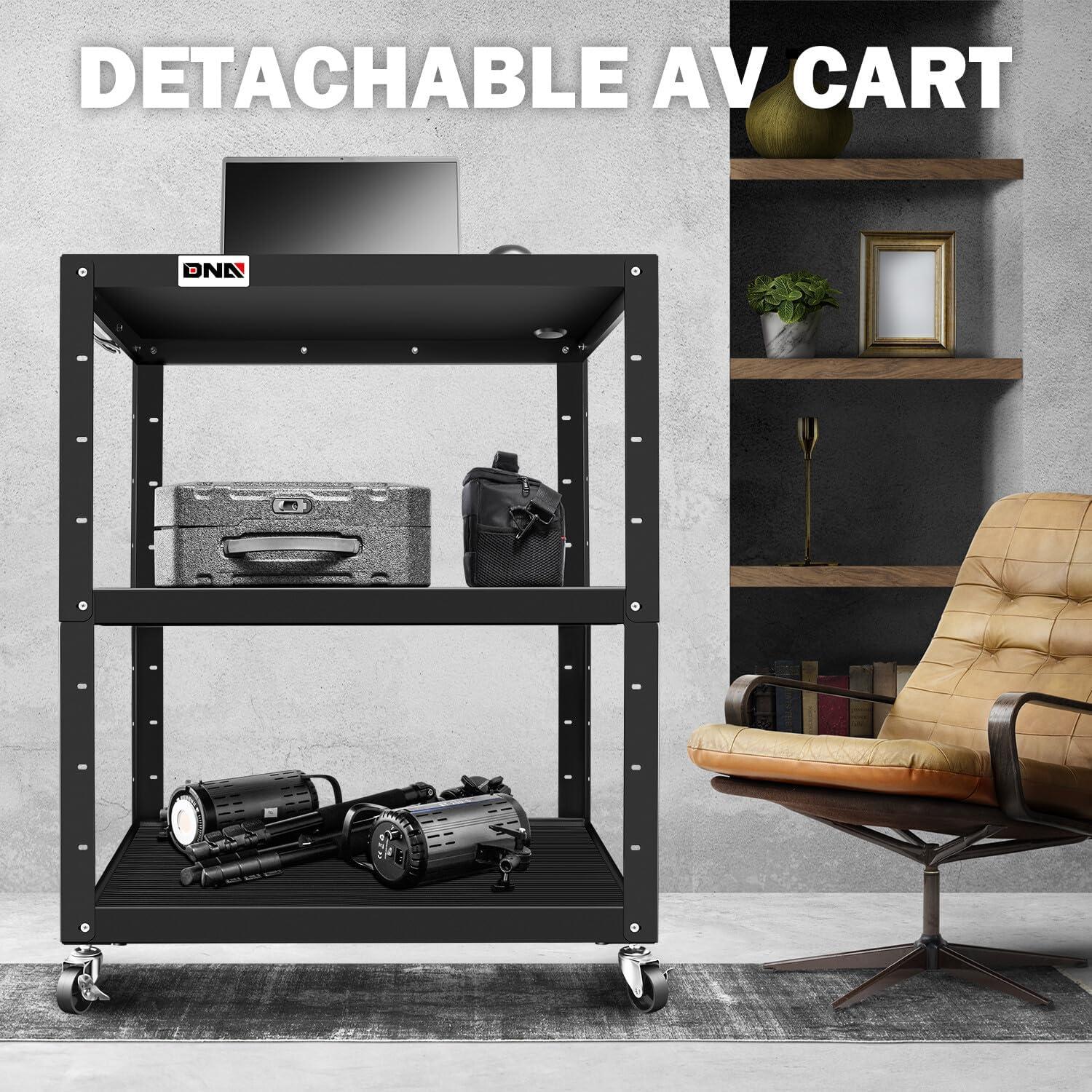 DNA Motoring TOOLS-00137 35" x 25" x 42" Steel Height Adjustable 3-Layer Media Rolling AV Cart With Power Strip +Locking Casters