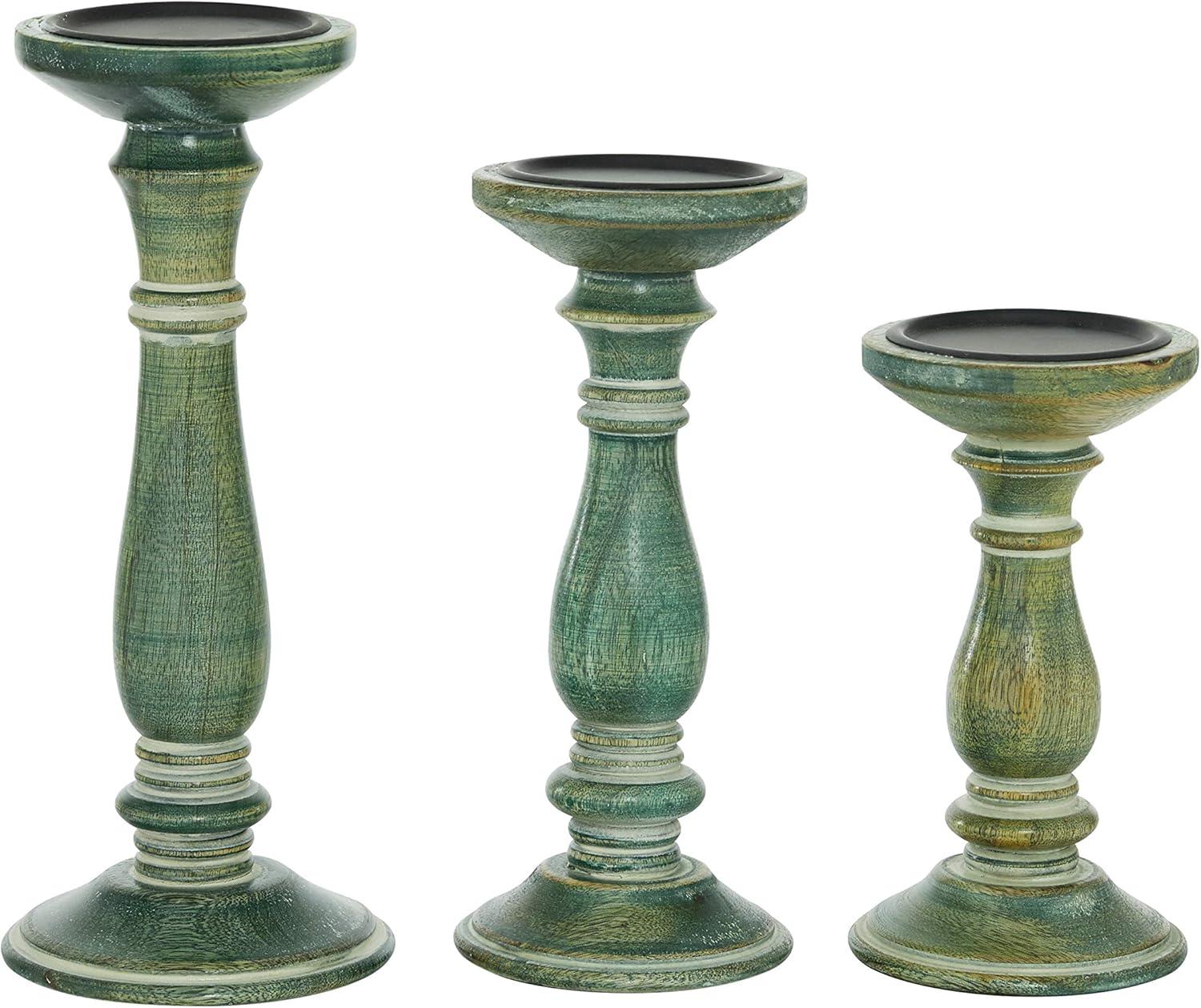 DecMode 3 Candle Green Wood Candle Holder, Set of 3